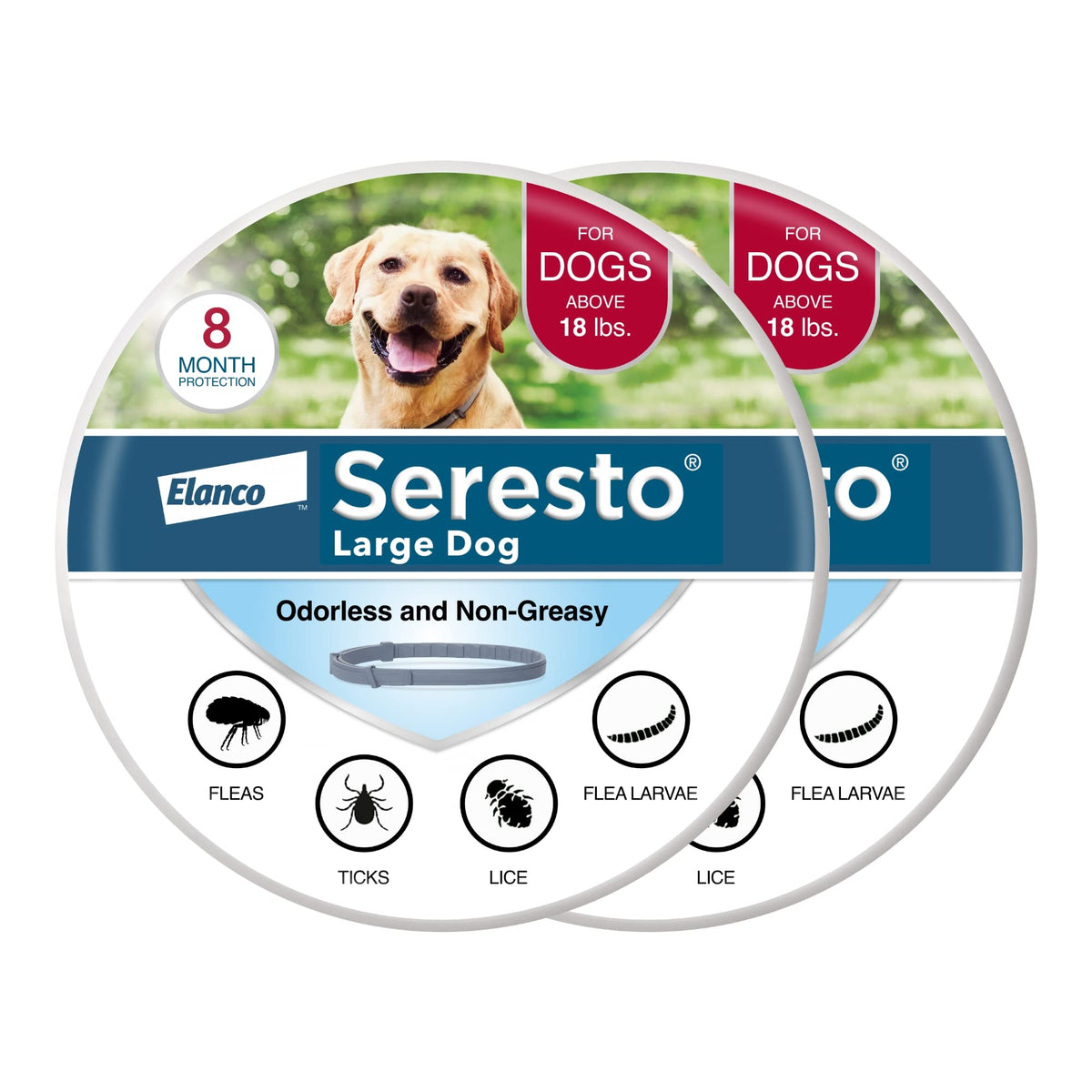 Seresto collar grande para perro, vista frontal y protección antipulgas de larga duración.