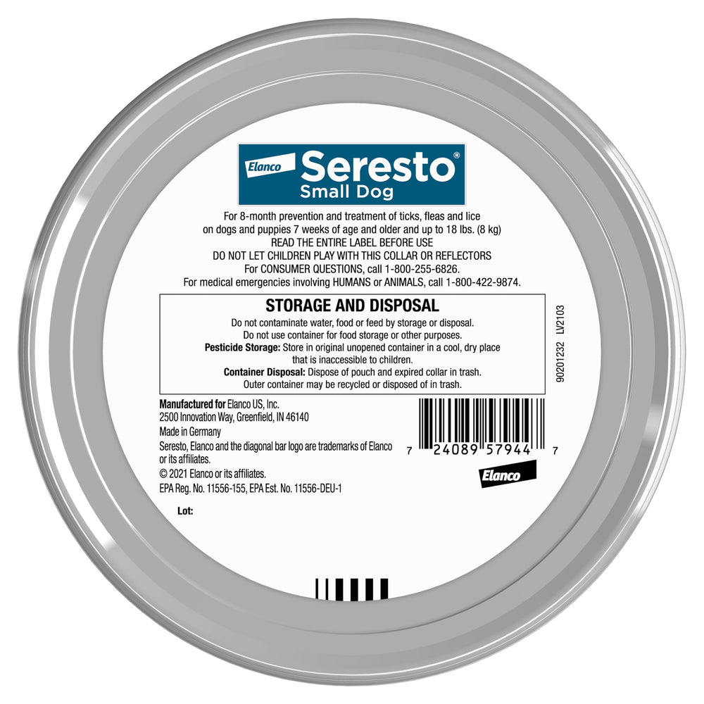 Seresto collar para perro pequeño, vista trasera, cómodo y fácil de llevar.