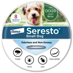 Seresto collar para perro pequeño, vista frontal, protección continua contra pulgas y garrapatas.