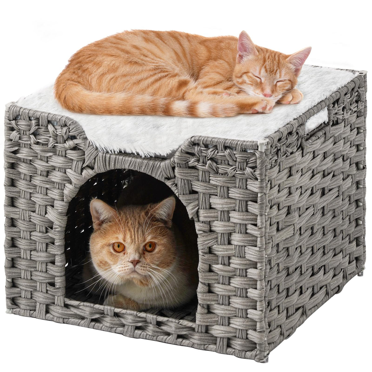 SETVSON cama para gato de interior con cueva de ratán gris y refugio seguro.