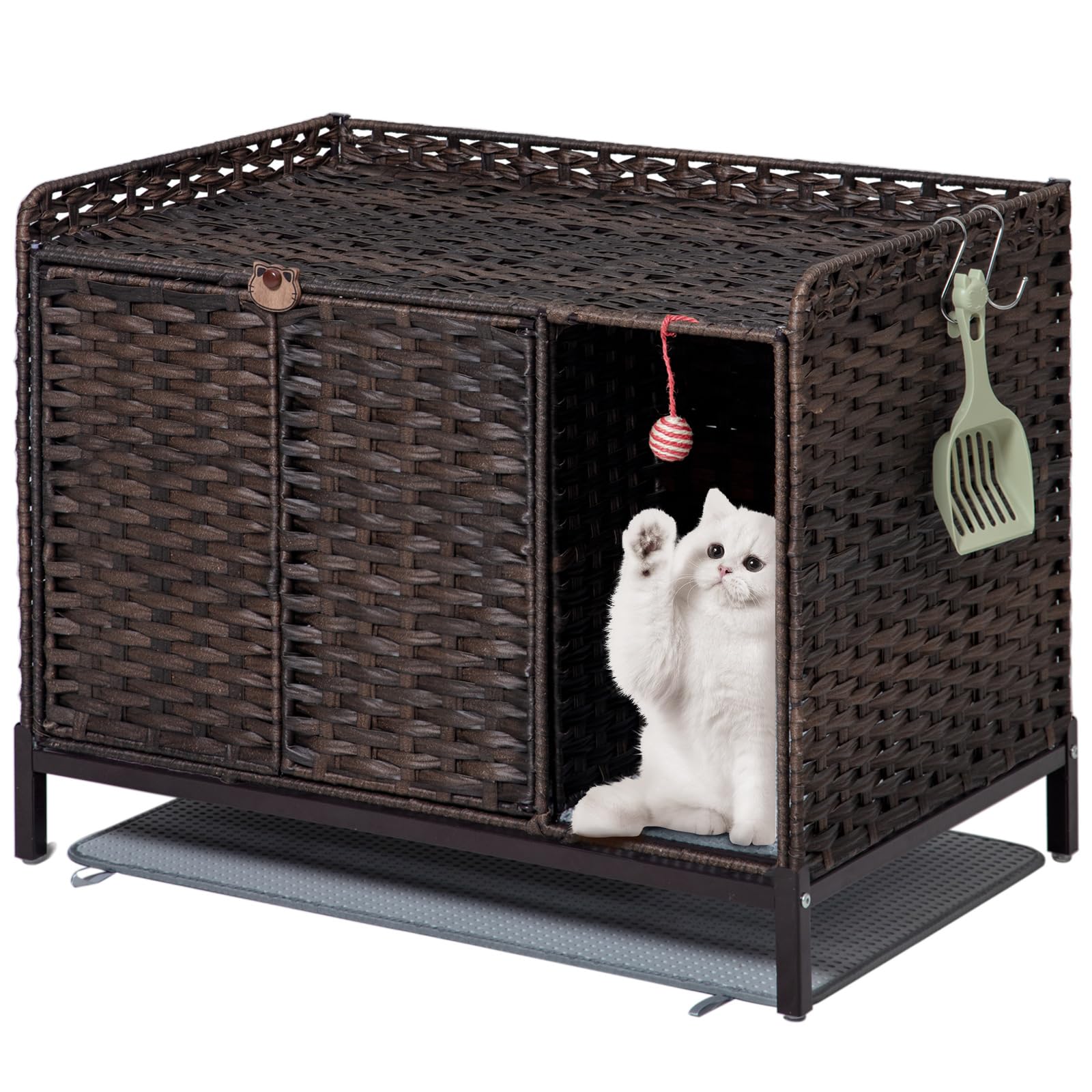 SETVSON mueble para caja de arena de gato con ratán tejido oculta la arena y ordena la sala