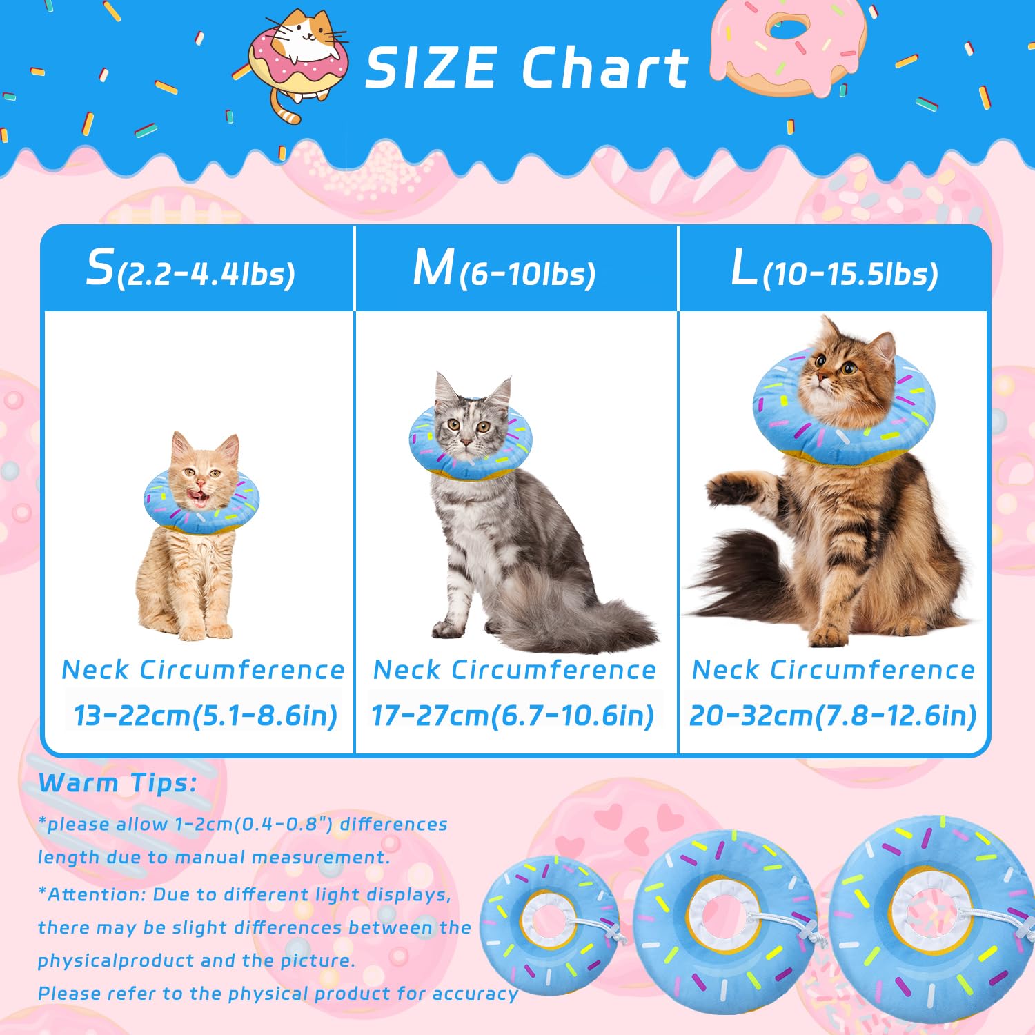 Cono Seyezo para gatos en dona azul ajustable permite comer y beber con comodidad.