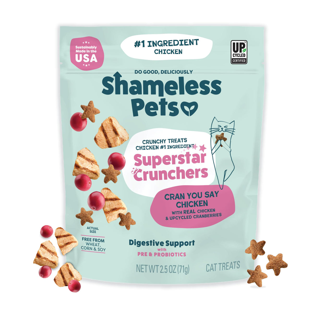 Golosinas Shameless Pets para gatos en bolsa de 2.5 oz, apoyo digestivo.