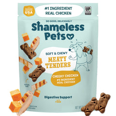 Shameless Pets Cheeky Chicken Meaty Tenders bag front grain-free dog treats for training rewards