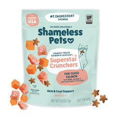 Golosinas Shameless Pets con salmón real para pelaje saludable.