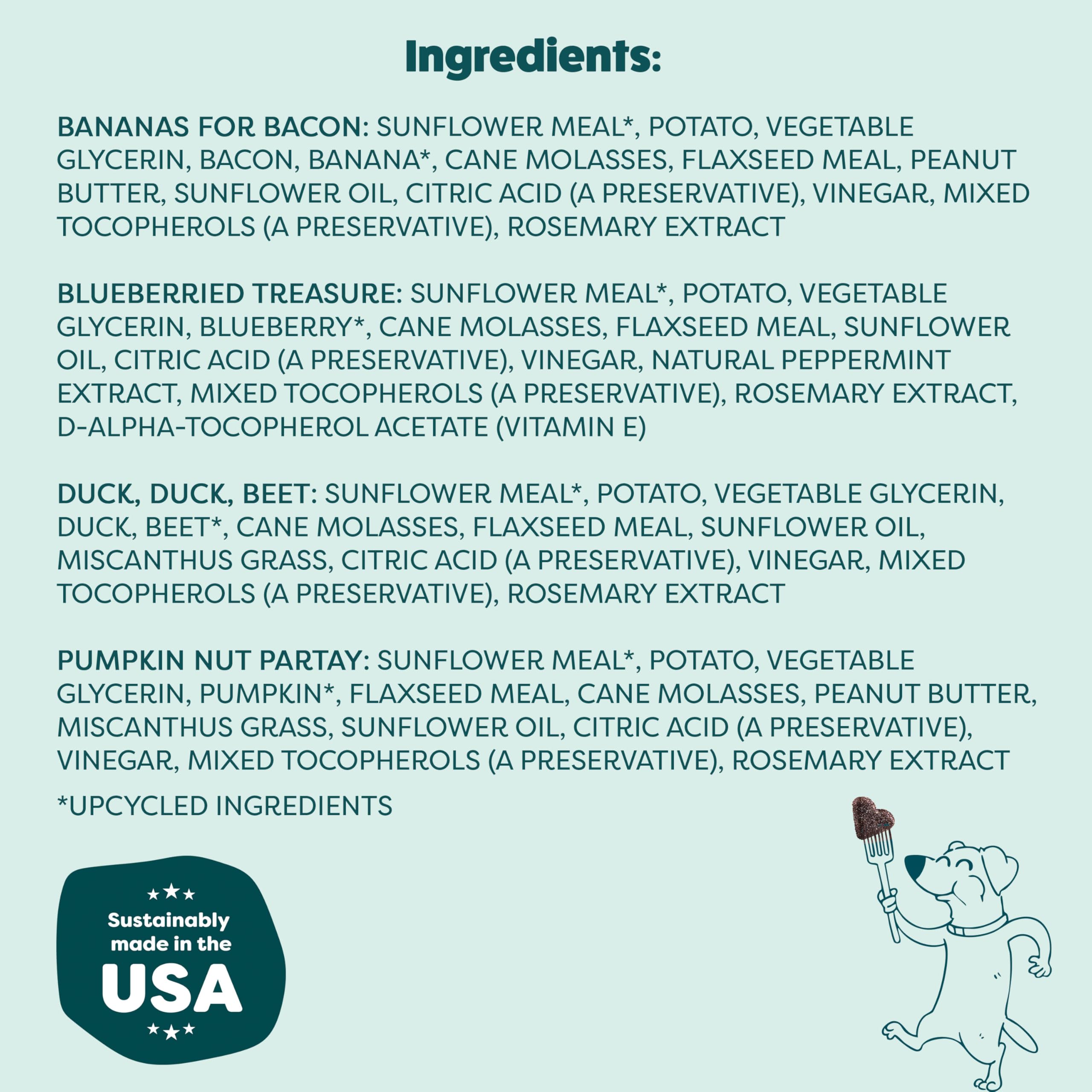 Golosinas Shameless Pets con langosta, cacahuete y arándanos; ingredientes reales para gusto natural.