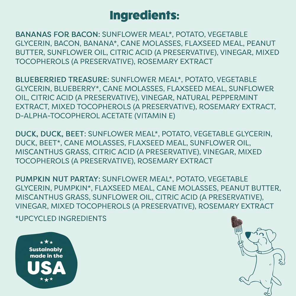 Golosinas Shameless Pets con langosta, cacahuete y arándanos; ingredientes reales para gusto natural.