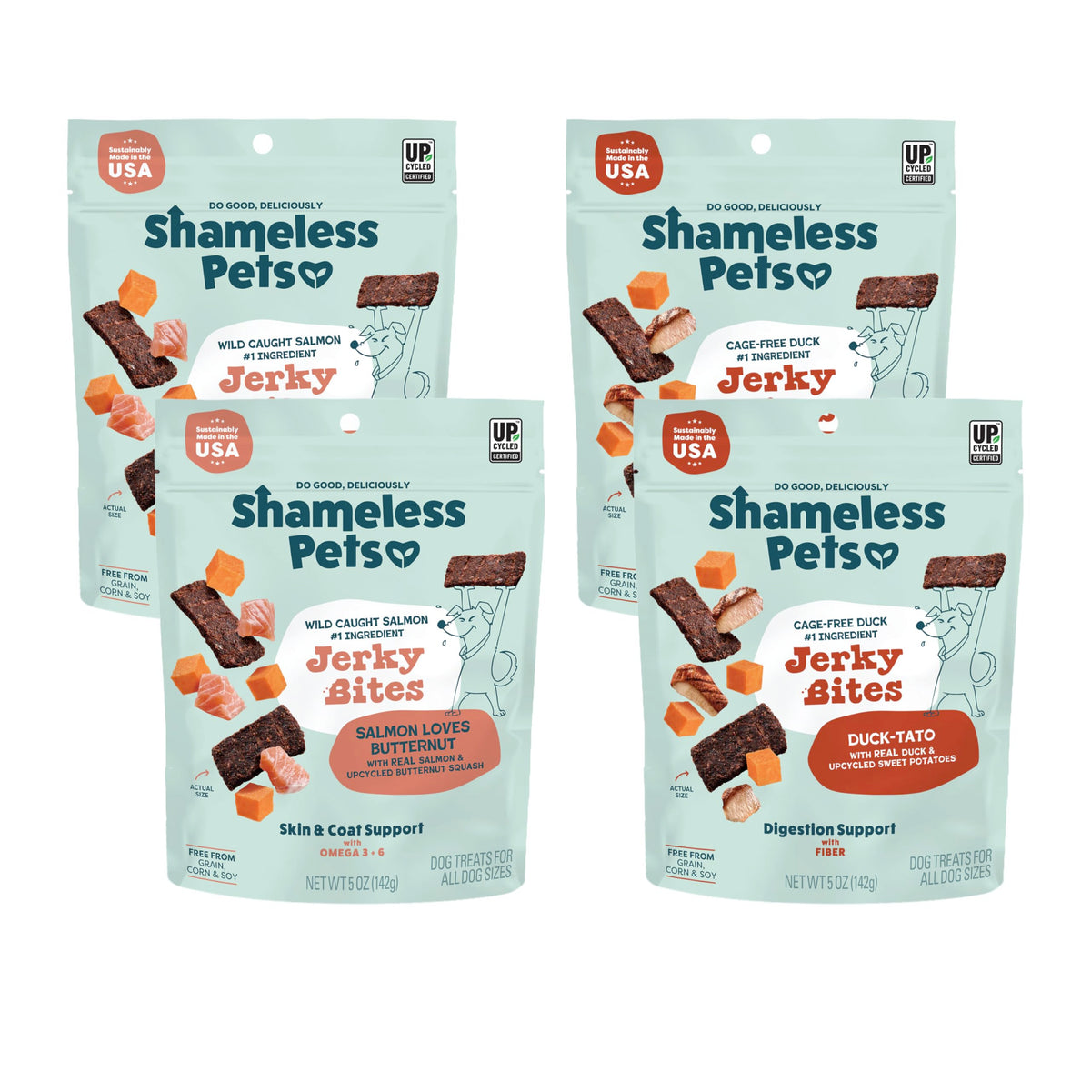 Shameless Pets Jerky Bites, variedad de 4 bolsas, snack saludable para perros