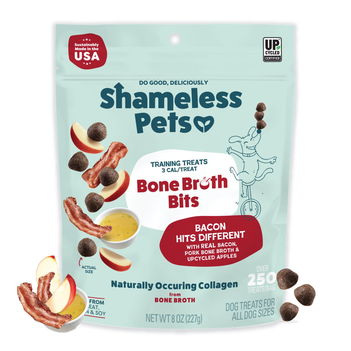 Shameless Pets Premios de Entrenamiento con caldo de hueso y bacon para recompensas deliciosas.