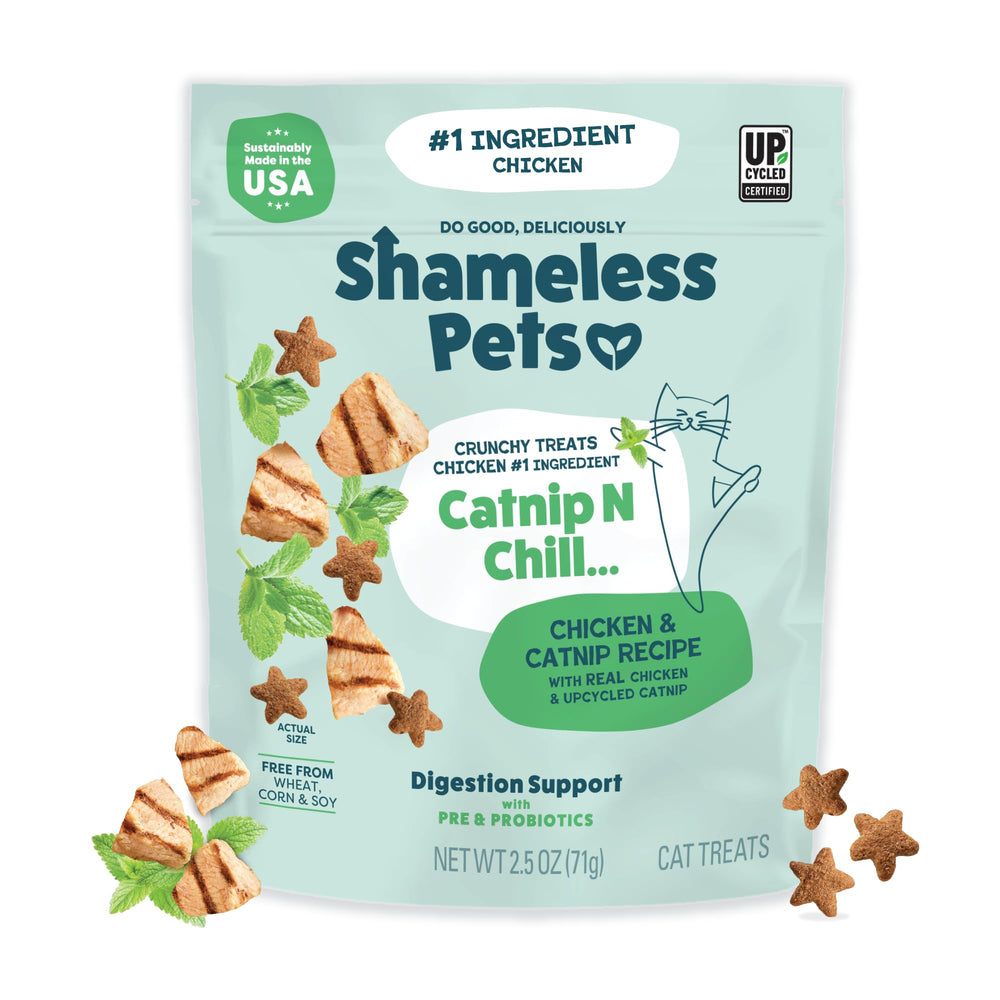 Shameless Pets Catnip N Chill: snack crujiente para gatos indoor con digestión suave.