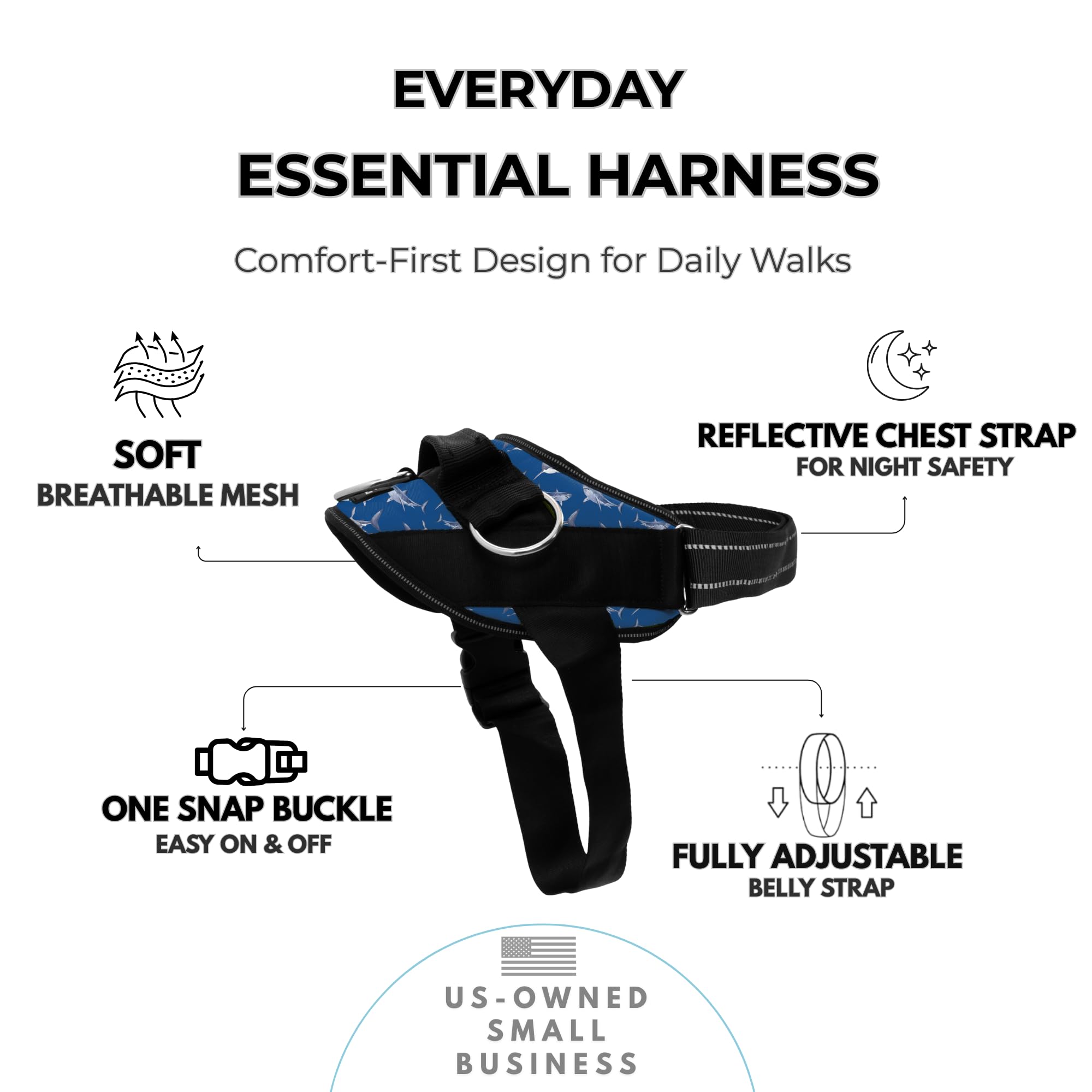 SHAWNCO arnés esencial con reflectivo en pecho para mayor visibilidad nocturna.