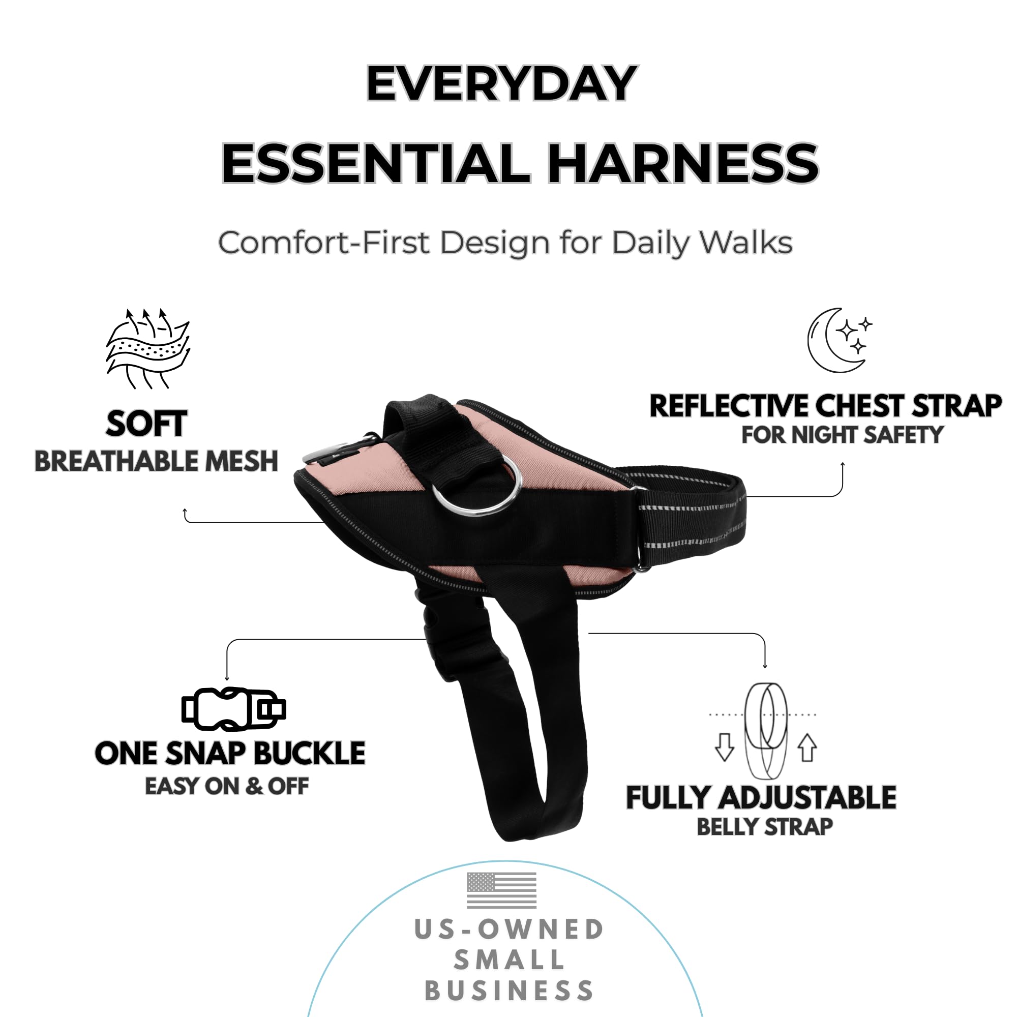 ShawnCo Arnés Esencial para Perro, vista trasera, rosa dorado, reduce tirones y control suave.