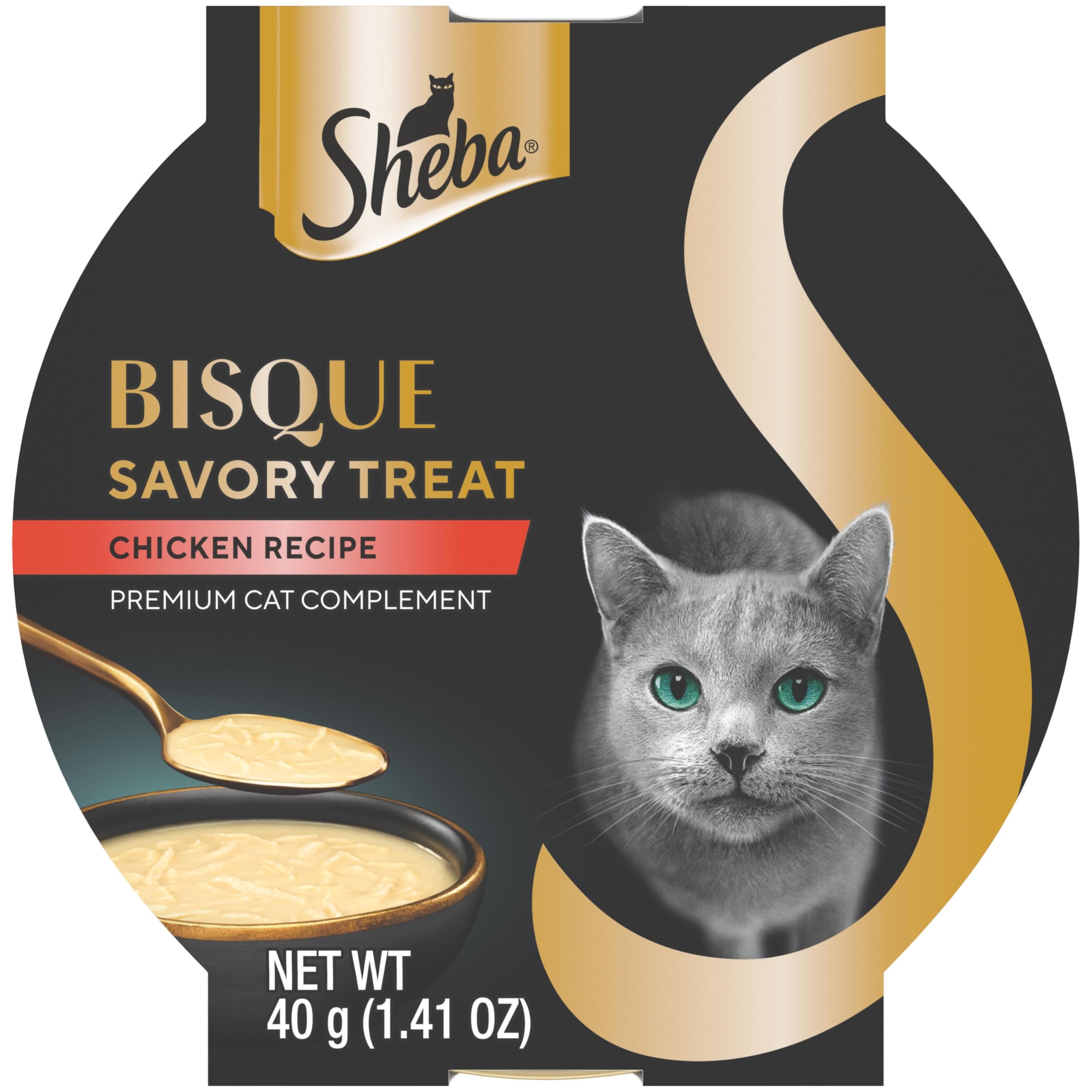 Premios Sheba Bisque en tazón con pollo; complemento delicioso para la comida.
