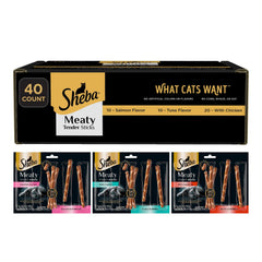 Emballage pratique de 40 sticks Sheba Meaty Tender Sticks pour récompenser votre chat.