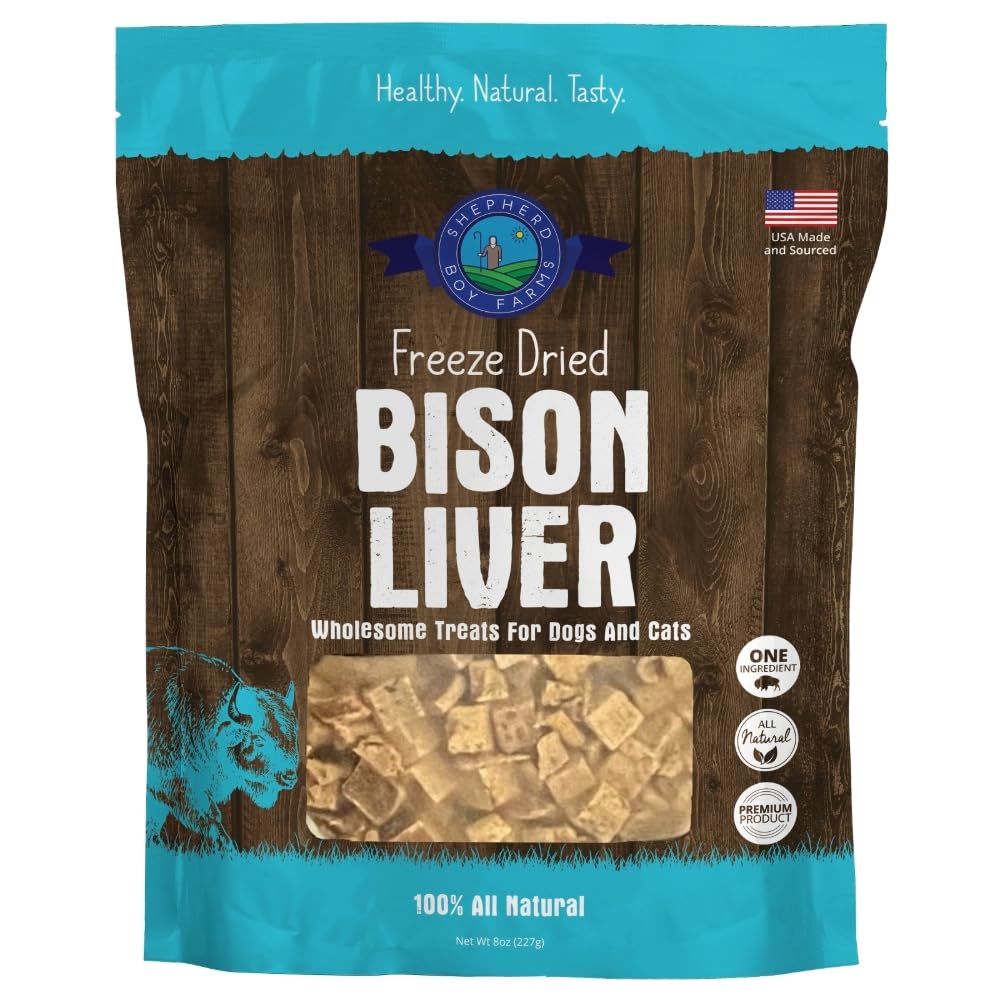 Shepherd Boy Farms higado de bison en bolsa frente, premio sabroso para perros y gatos.