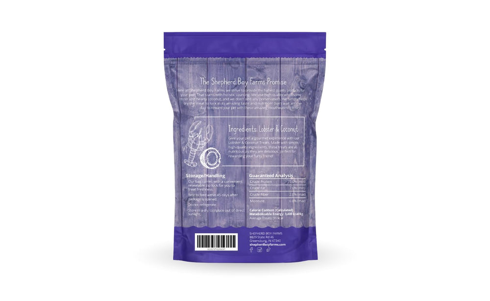 Snack langosta-coco de Shepherd Boy Farms para gatos, ideal como premio.
