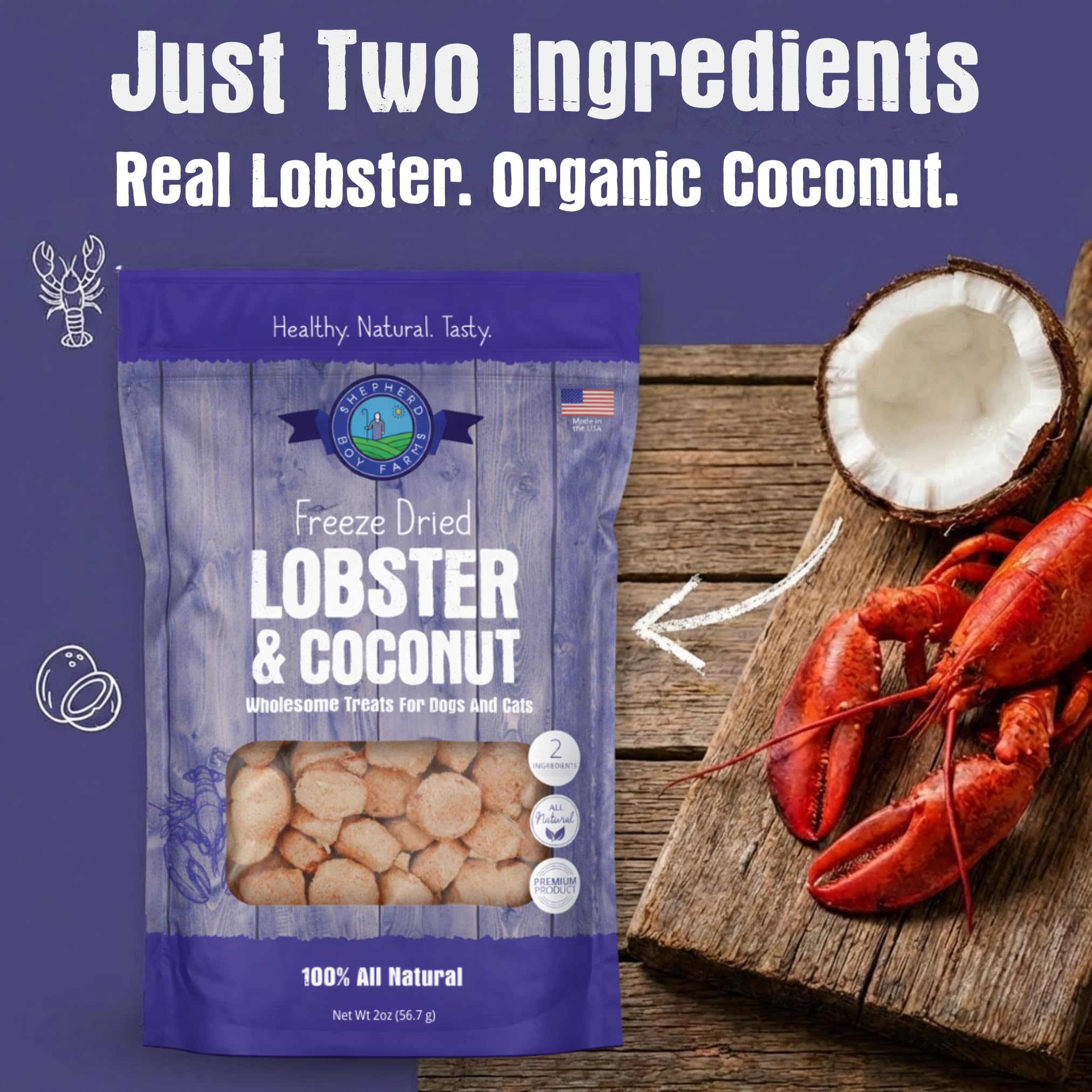 Empaque langosta-coco Shepherd Boy Farms, snack liofilizado sin granos.