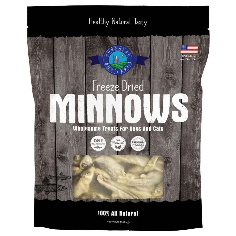 Shepherd Boy Farms Minnows liofilizados, bocaditos proteicos para mascotas.