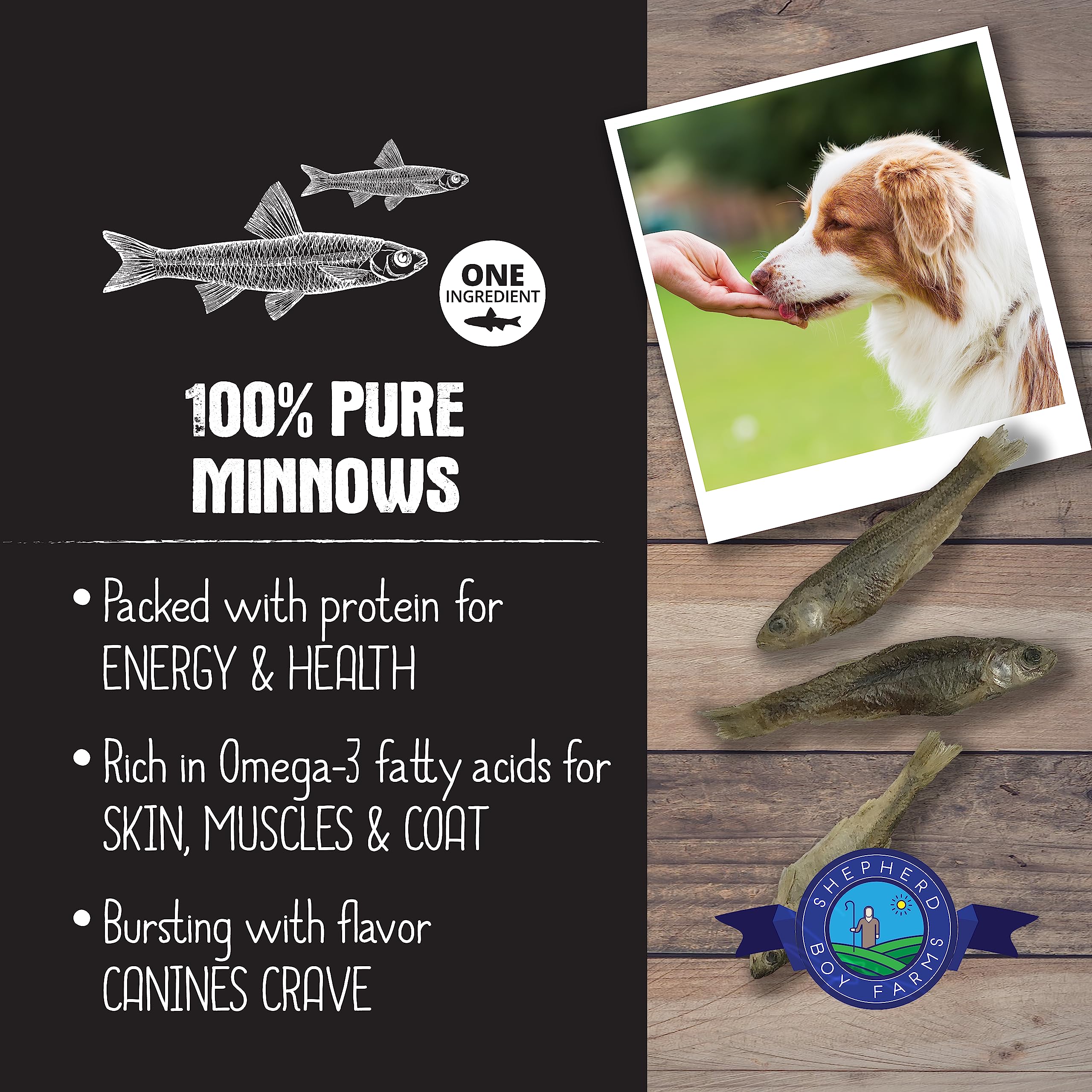 Minnows de Shepherd Boy Farms, proteína alta para premiar a tus mascotas.