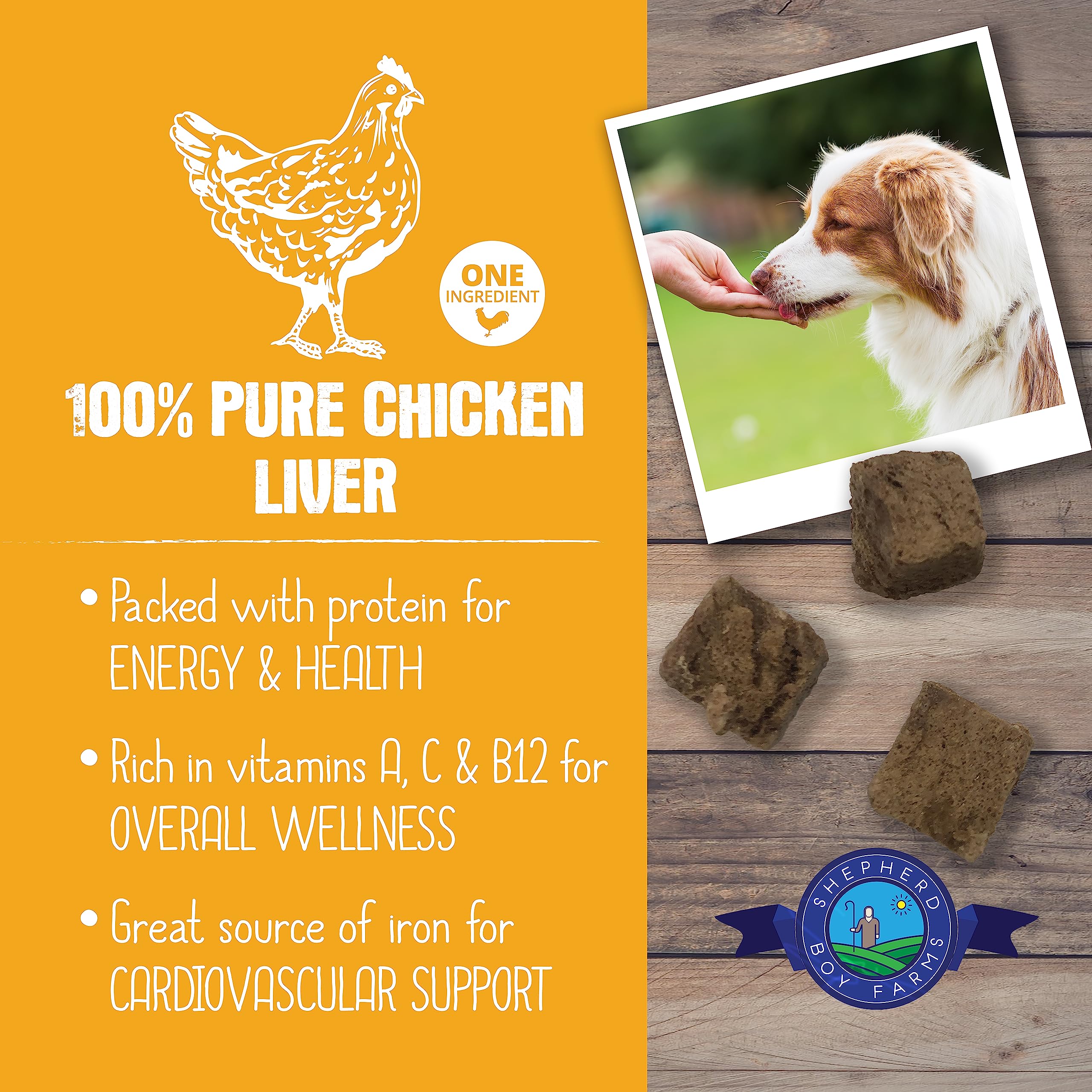 Higado de pollo liofilizado de Shepherd Boy Farms para entrenamiento sabroso.
