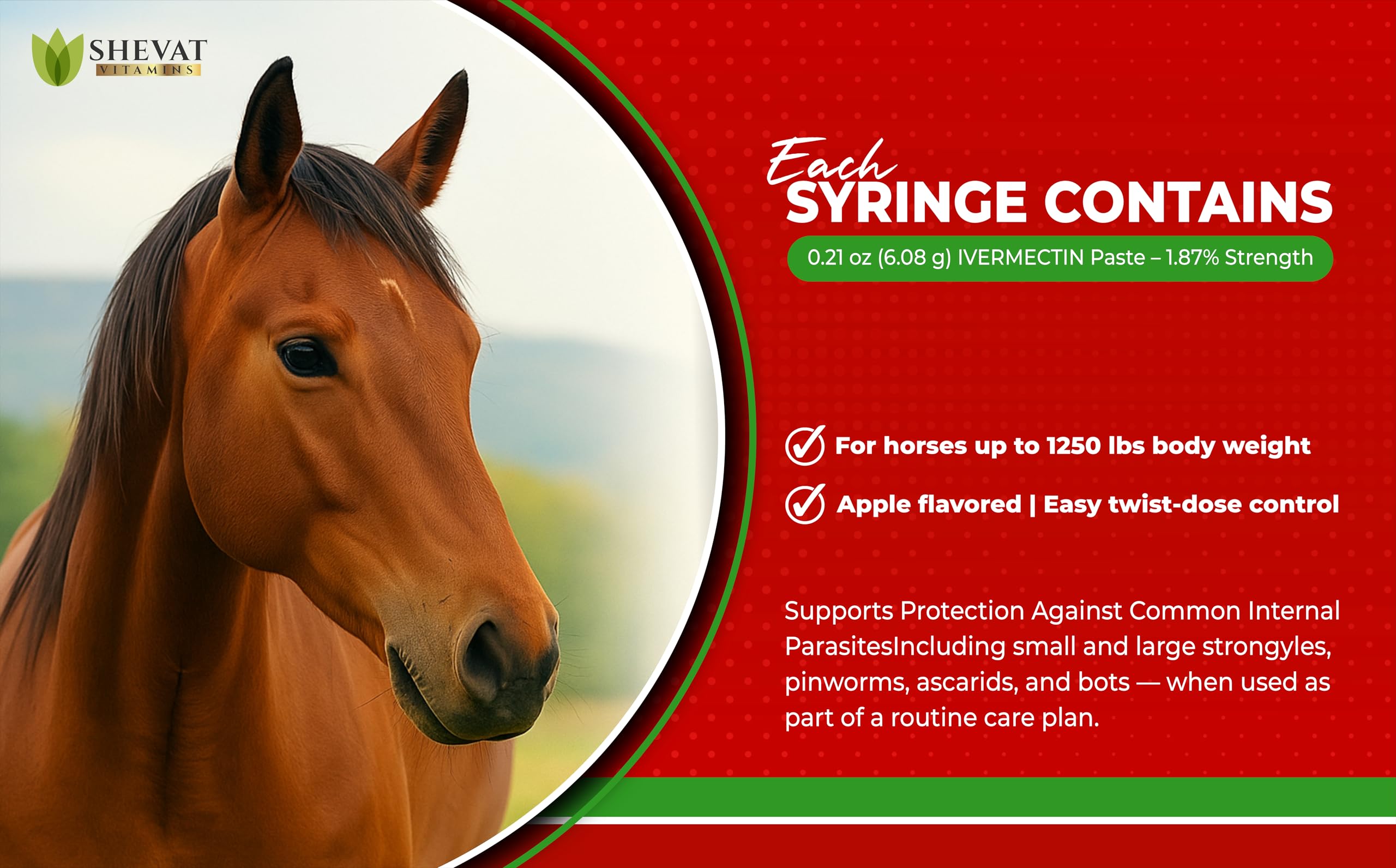 Presentación SHEVAT VITAMINS para uso en establo con caballos.