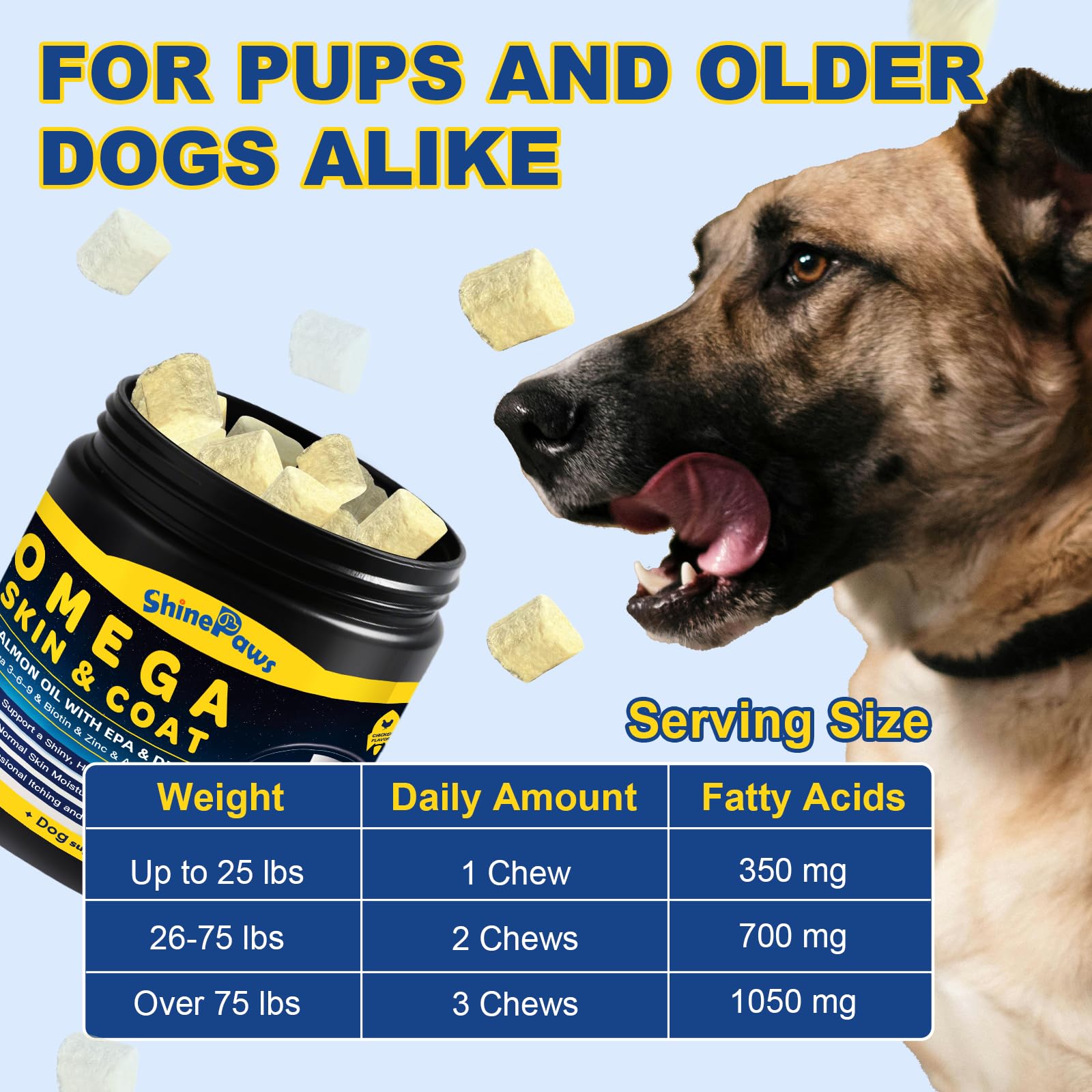 SHINEPAWS Omega 3 para perros, ingredientes naturales: sin aditivos artificiales para salud general.