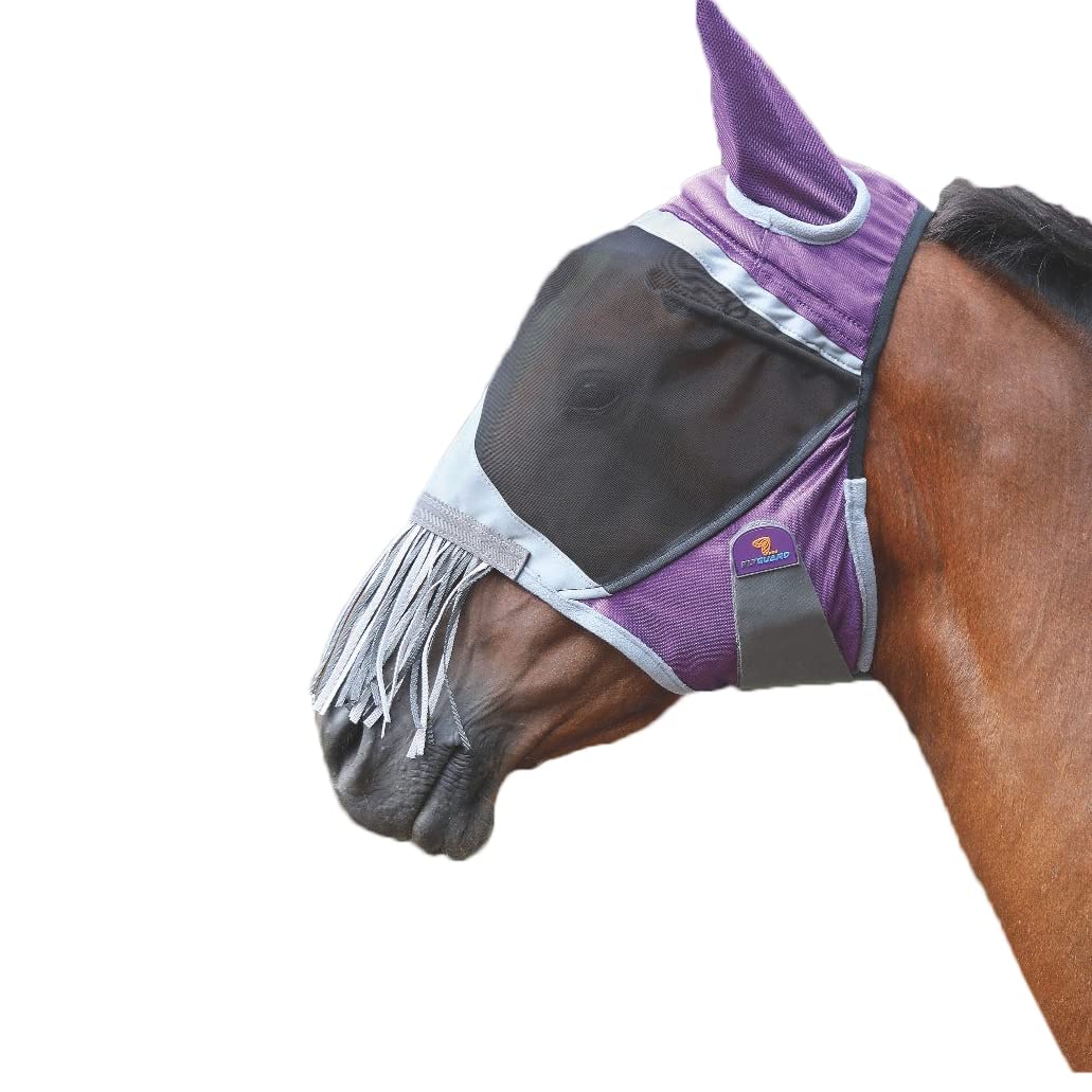 Shires mascara antimoscas de lujo con flecos en nariz para pony morado, protección suave.