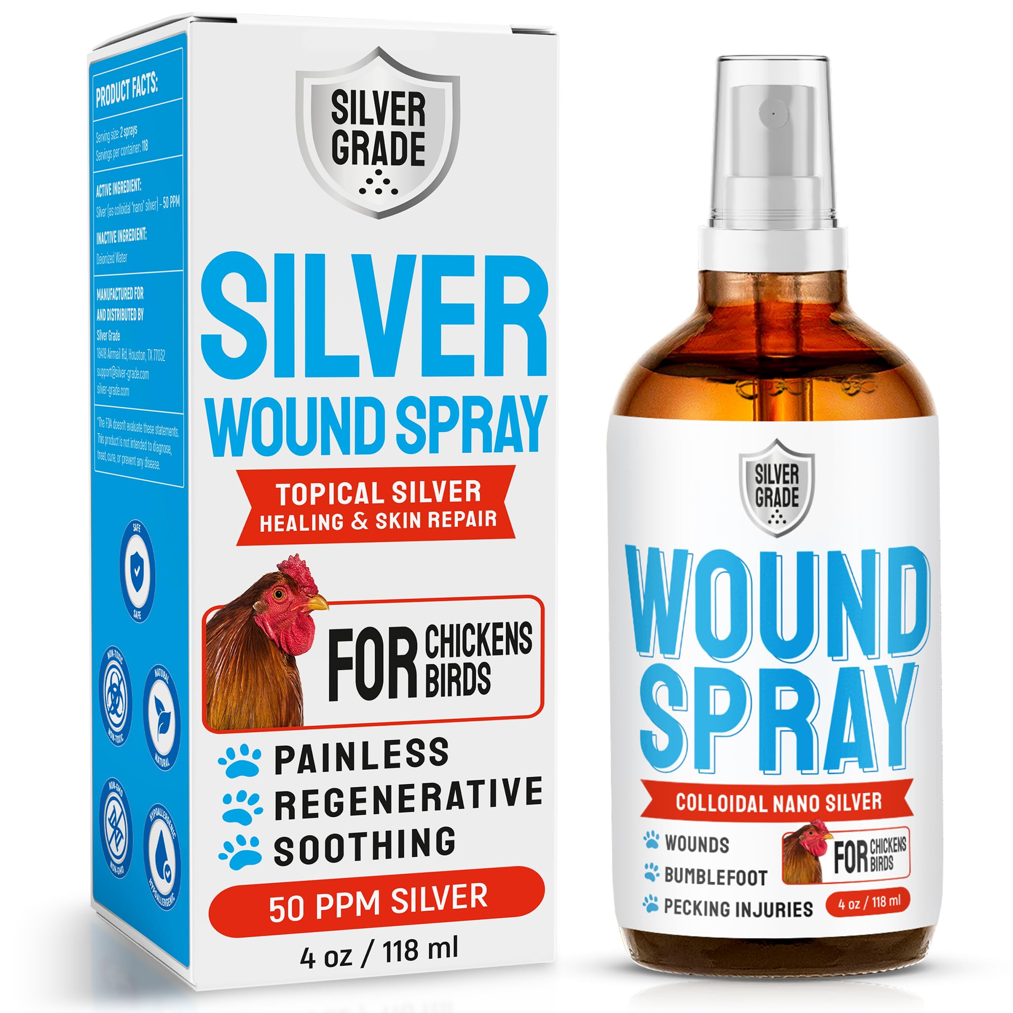 SILVER GRADE spray para heridas, botella de 4 oz, fácil de aplicar en aves.