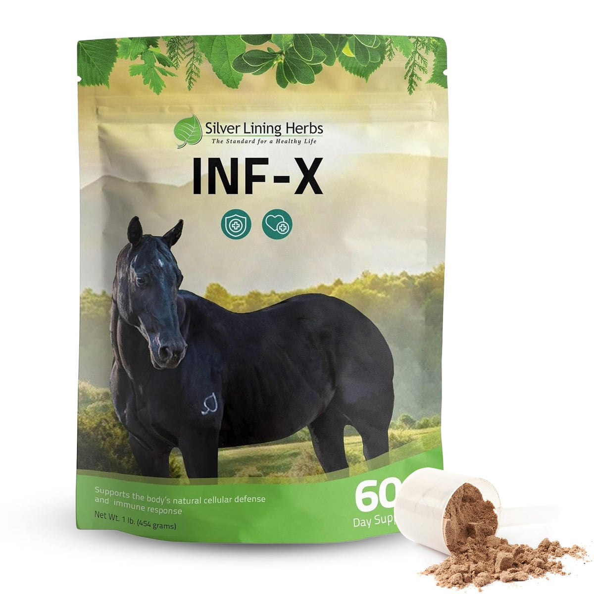 Polvo INF-X de Silver Lining Herbs en lata, apoyo inmunitario para caballos.