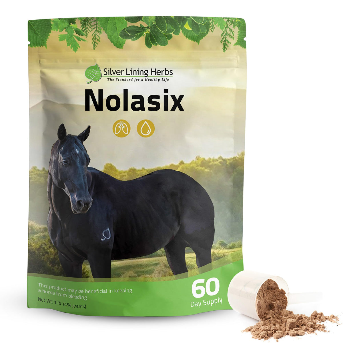 Nolasix de Silver Lining Herbs, dosis en polvo, para apoyo diario de la circulación del caballo.