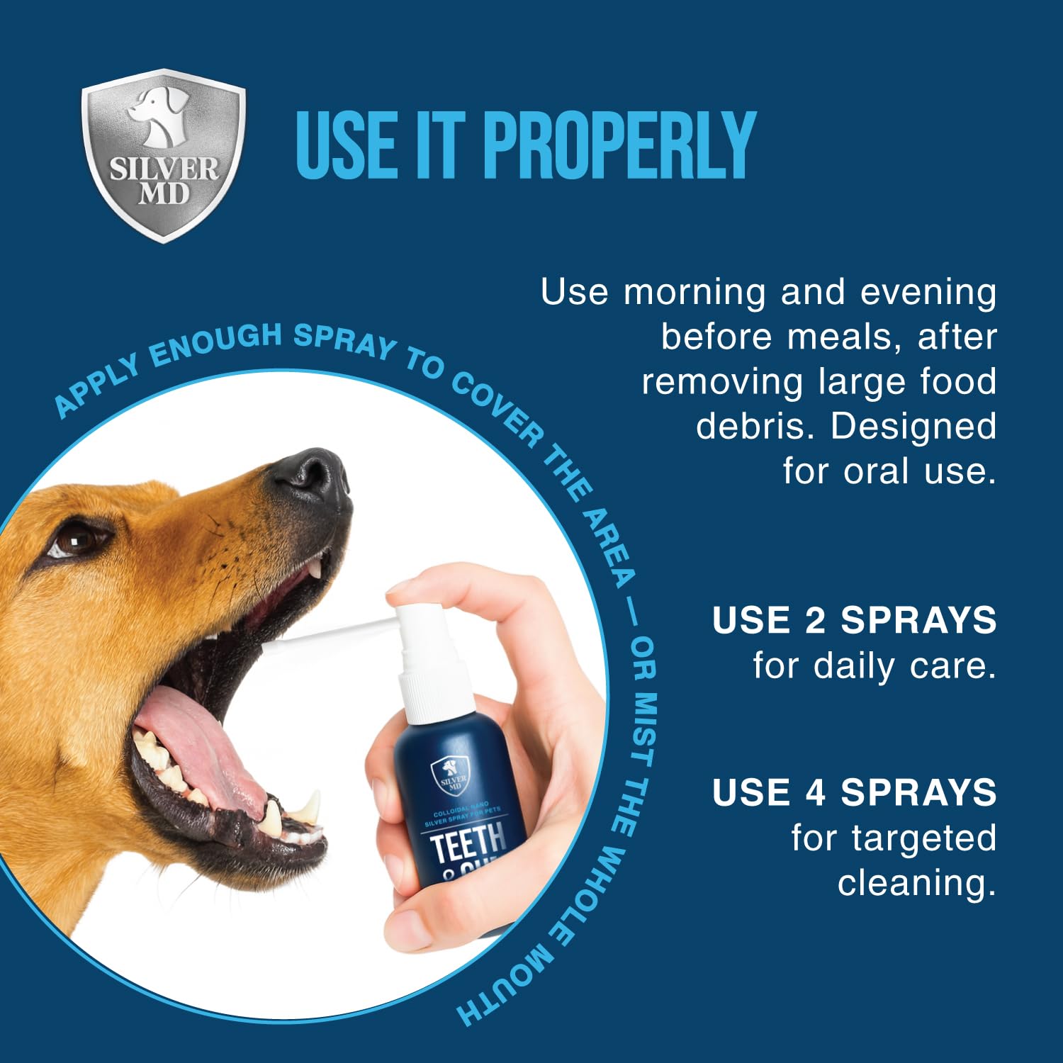 Varias mascotas en casa usando SilverMD para dientes y aliento.
