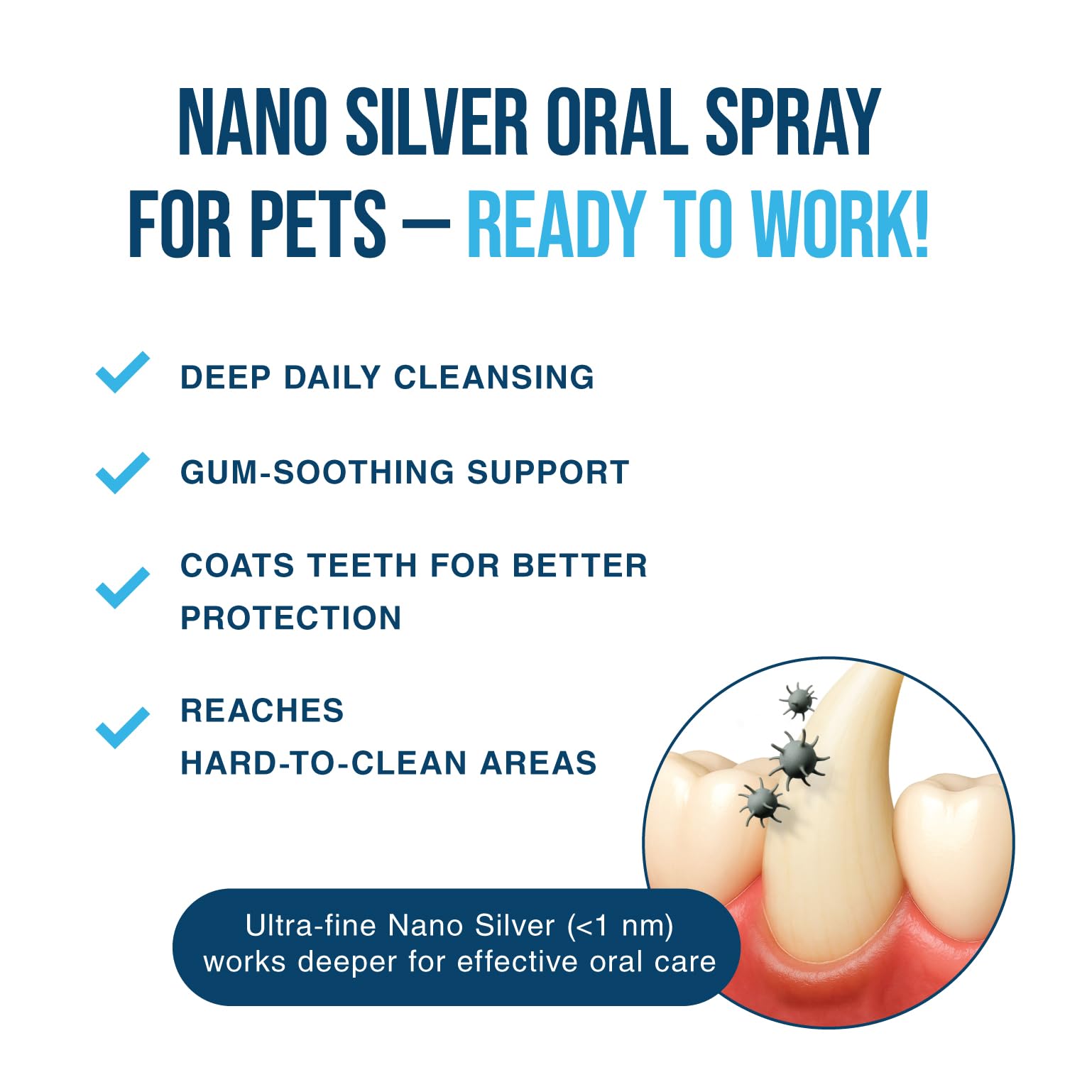 Perro con boca fresca tras usar SilverMD spray dental.