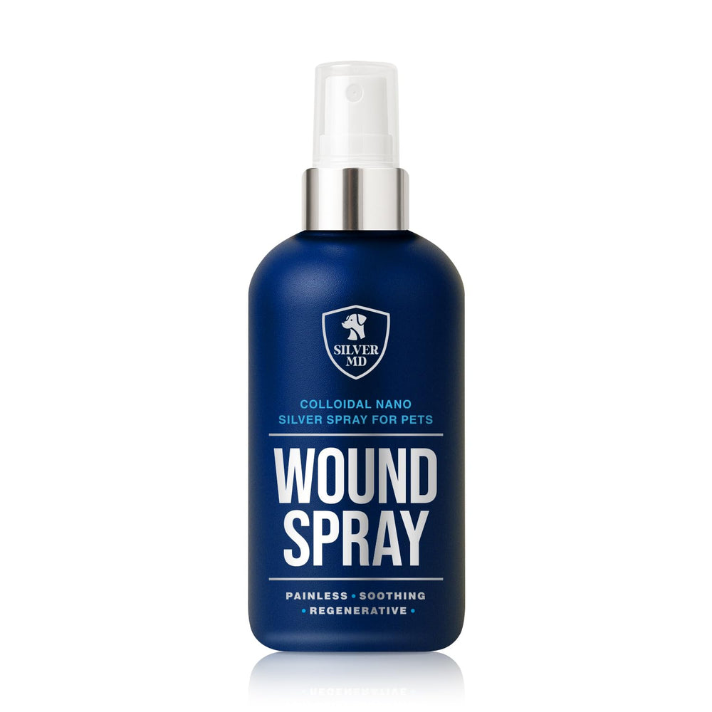 Spray SilverMD para heridas en mascotas, alivio suave para piel irritada.