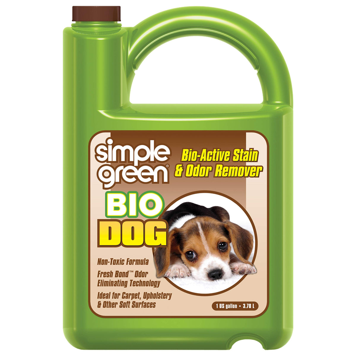 Simple Green Bio Active quita manchas, vista de la botella vertiendo para limpiar manchas difíciles.