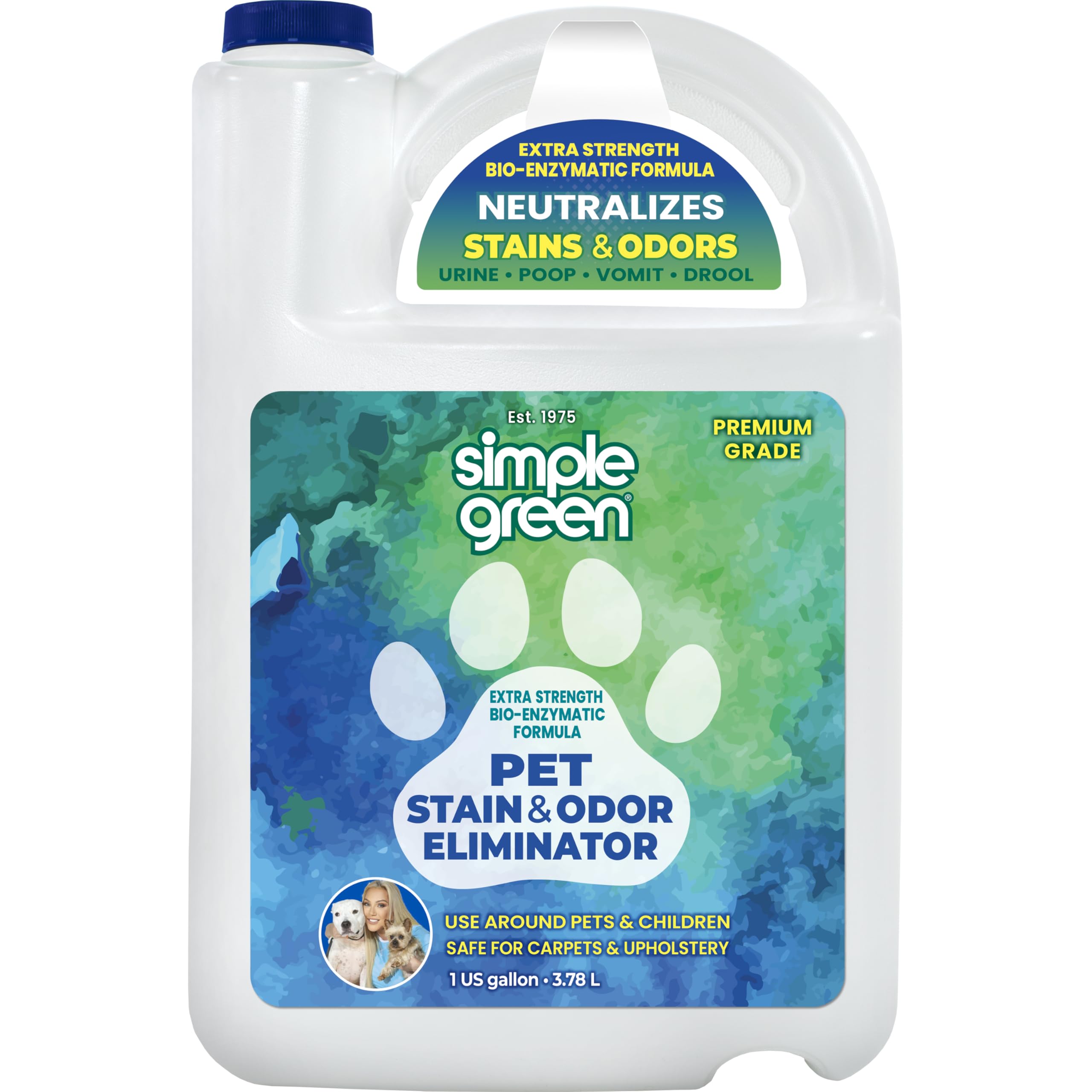Simple Green: eliminador de manchas y olor para mascotas en botella de 1 galón, útil en casas con mascotas.