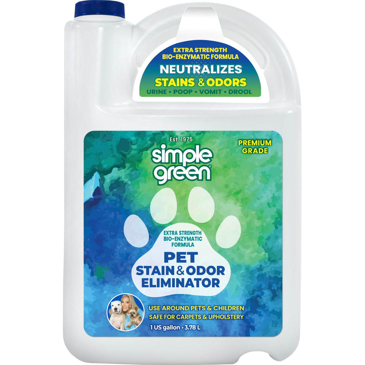 Simple Green: eliminador de manchas y olor para mascotas en botella de 1 galón, útil en casas con mascotas.