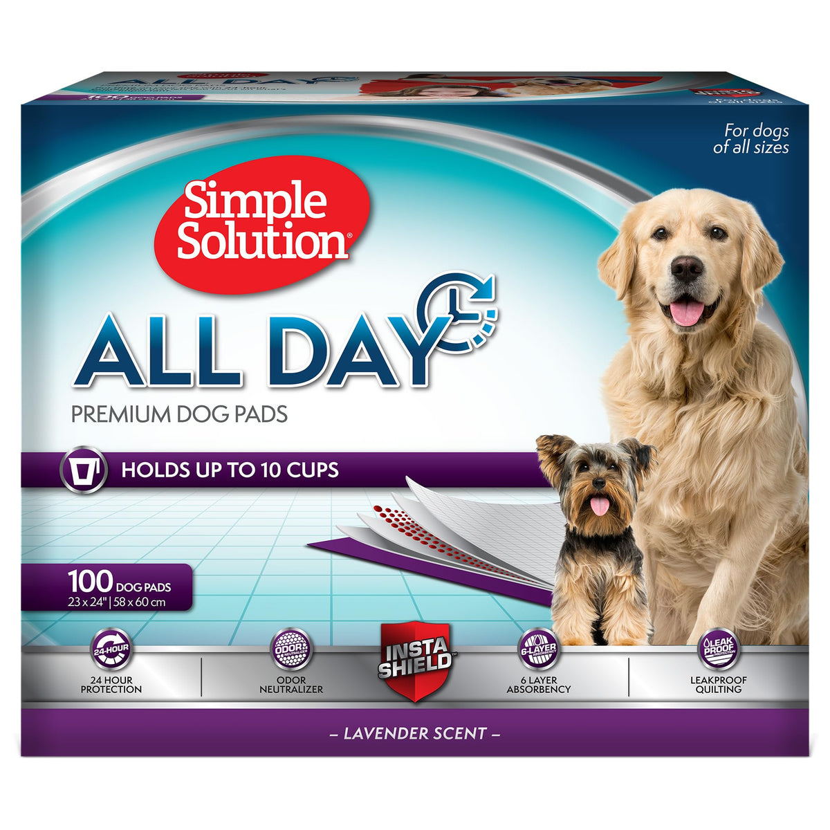 Simple Solution All Day Pads lavanda: empaque visible y protección de suelos con fragancia suave.