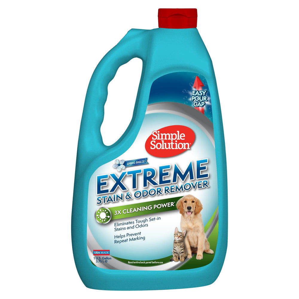 Eliminador de manchas y olores Simple Solution, botella para uso en casa con mascotas.