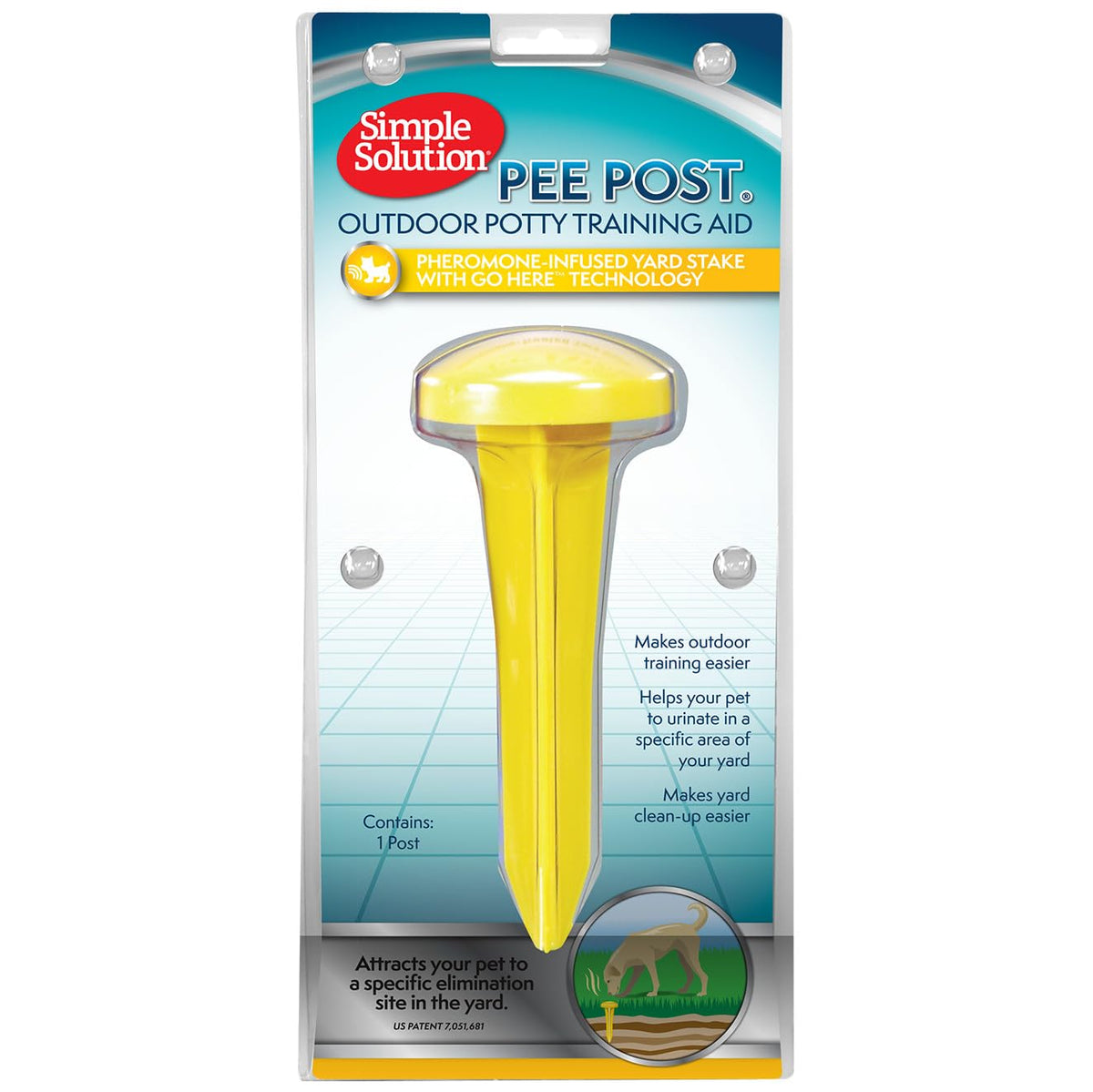Simple Solution Pee Post en jardín señalando la zona para hacer sus necesidades.