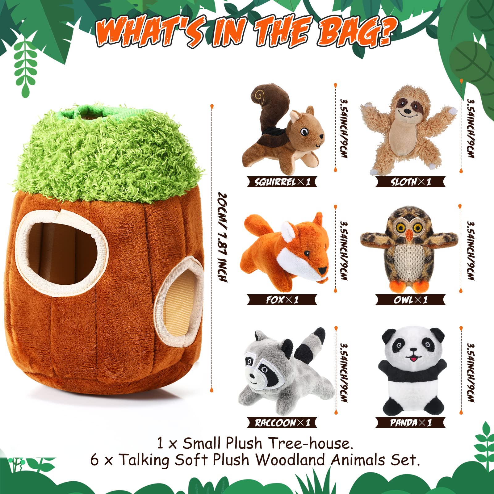 Skylety animal bosque peluche 1, chirriador para juego interactivo y mordisqueo suave