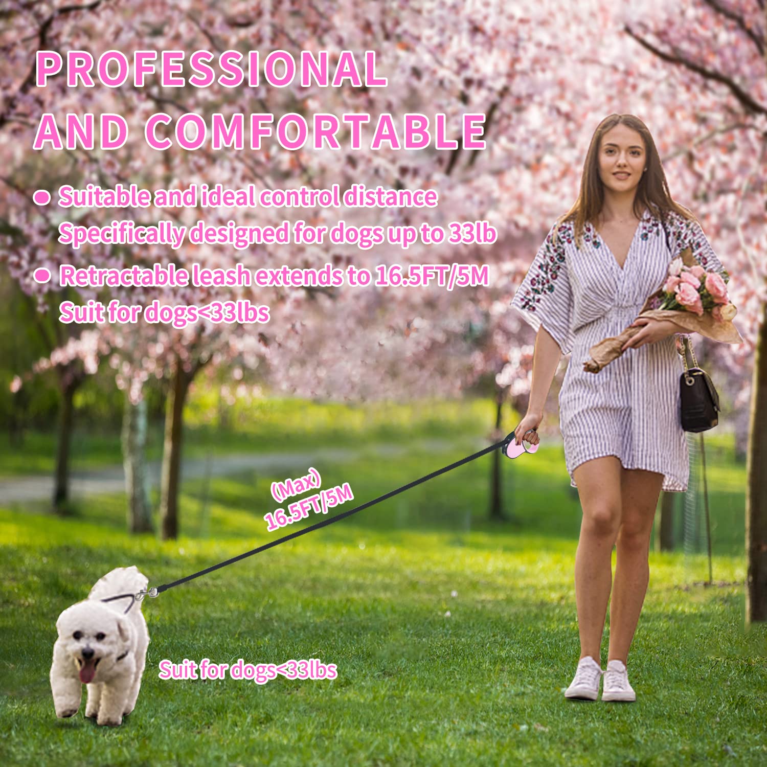 Paseos diarios con la correa retráctil Slognny rosa, ideal para perros pequeños y medianos.
