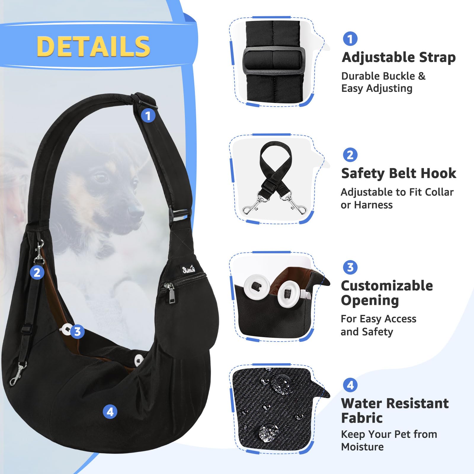 Bandolera para perro SlowTon con sistema de seguridad ajustable para evitar caídas.