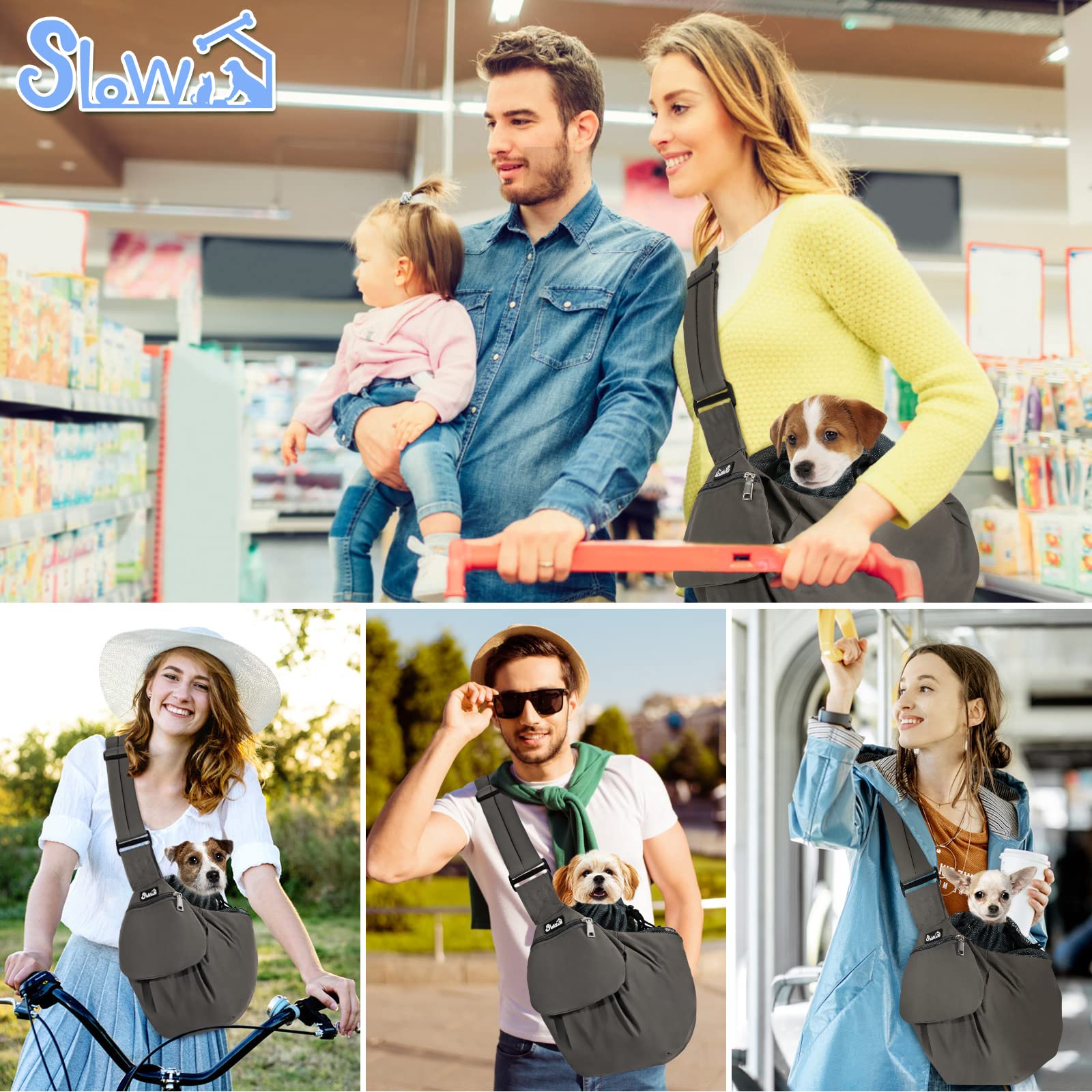 Uso diario de SlowTon Sling para paseos y visitas al veterinario.
