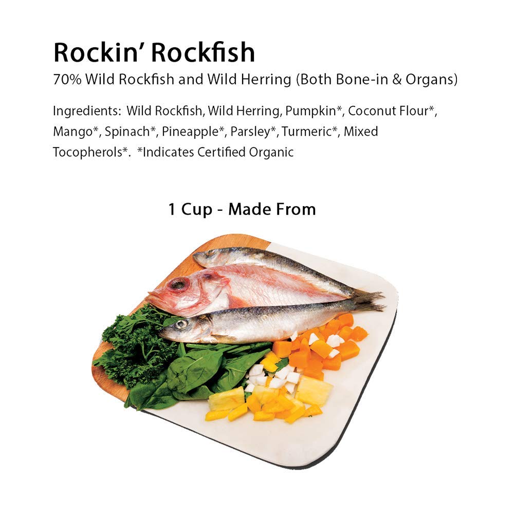 Smack Rockin' Rockfish, etiqueta de ingredientes, destaca proteínas de pescado y frutas orgánicas.