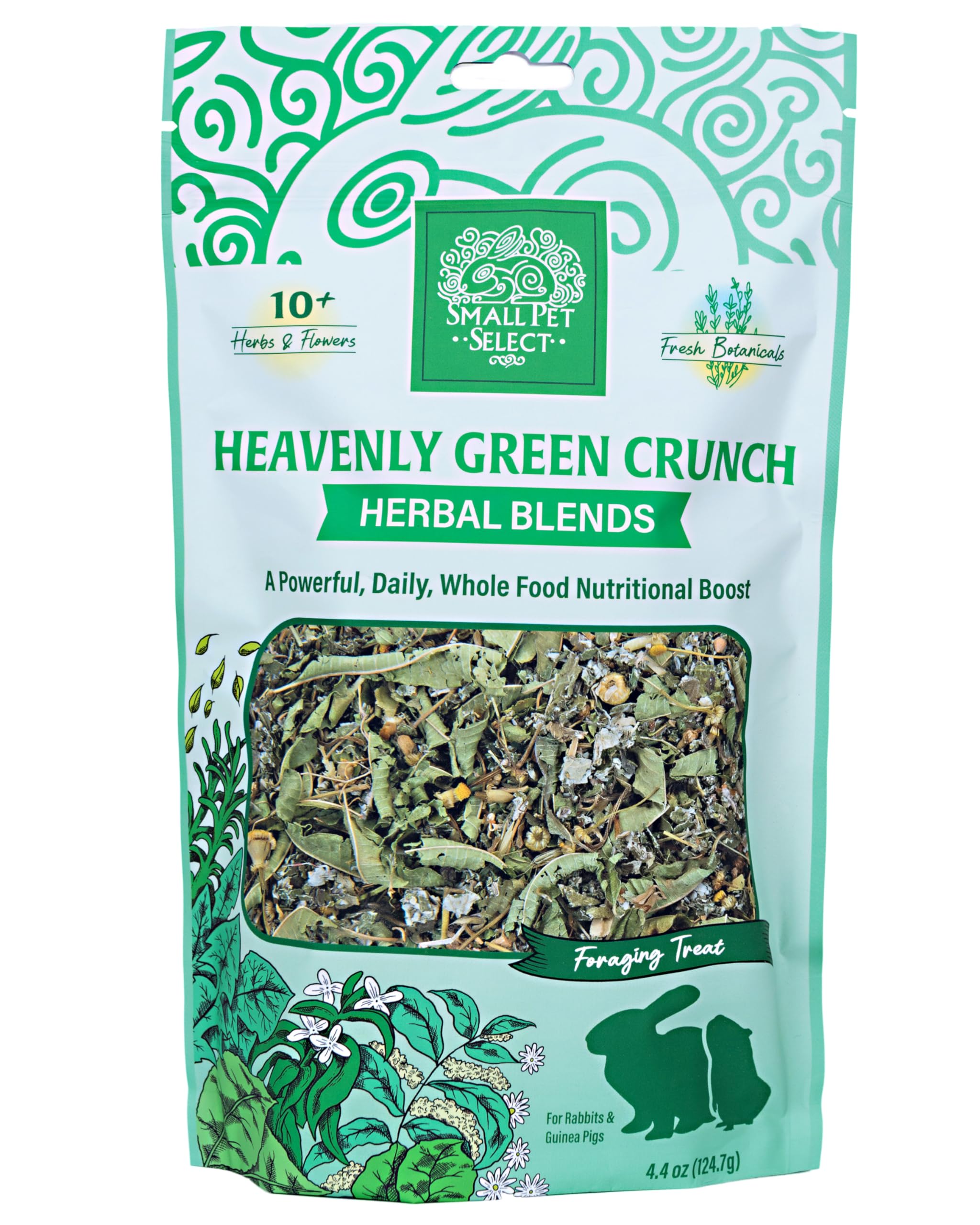 Small Pet Select Green Crunch, conejo disfrutando, snack sabroso que estimula juego y exploración.