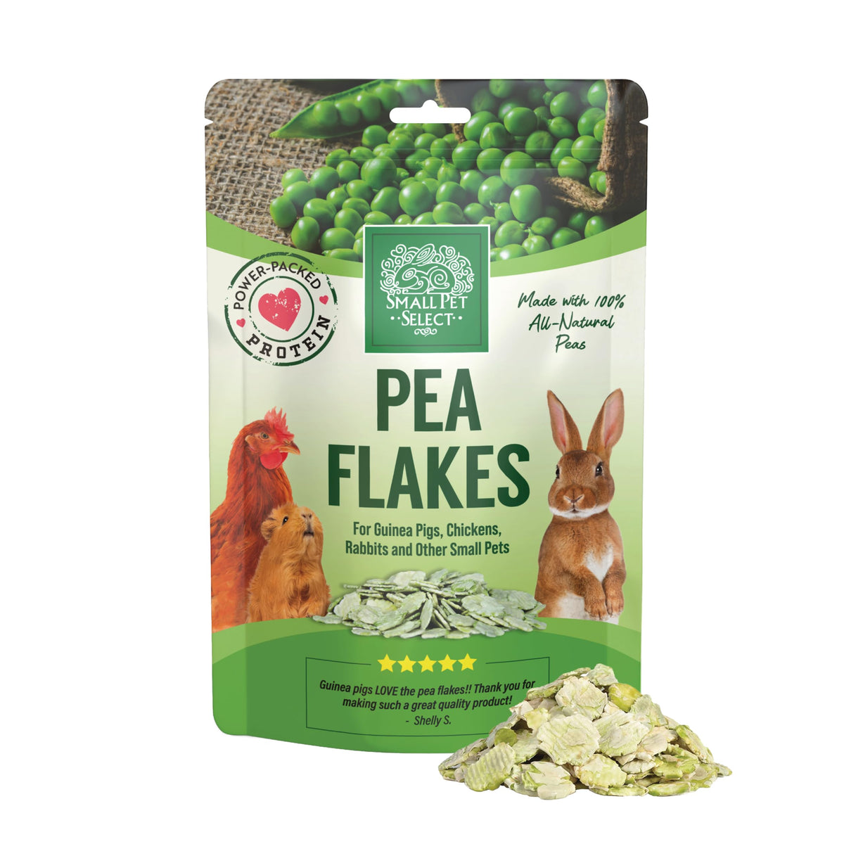 Small Pet Select Pea Flakes empaque limpio y natural para mascotas curiosas.
