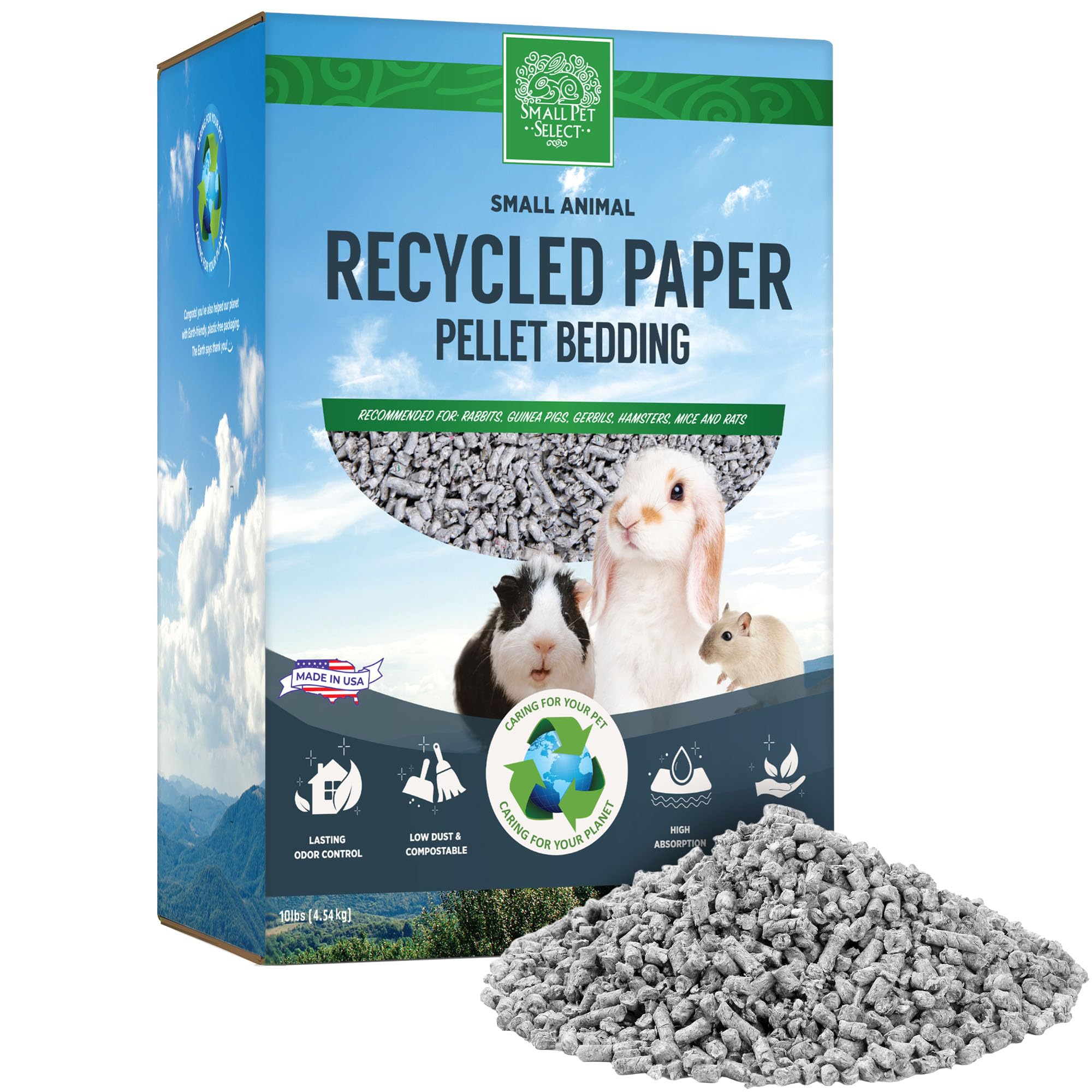 Small Pet Select pellets de papel reciclado con absorbencia alta para jaulas limpias.