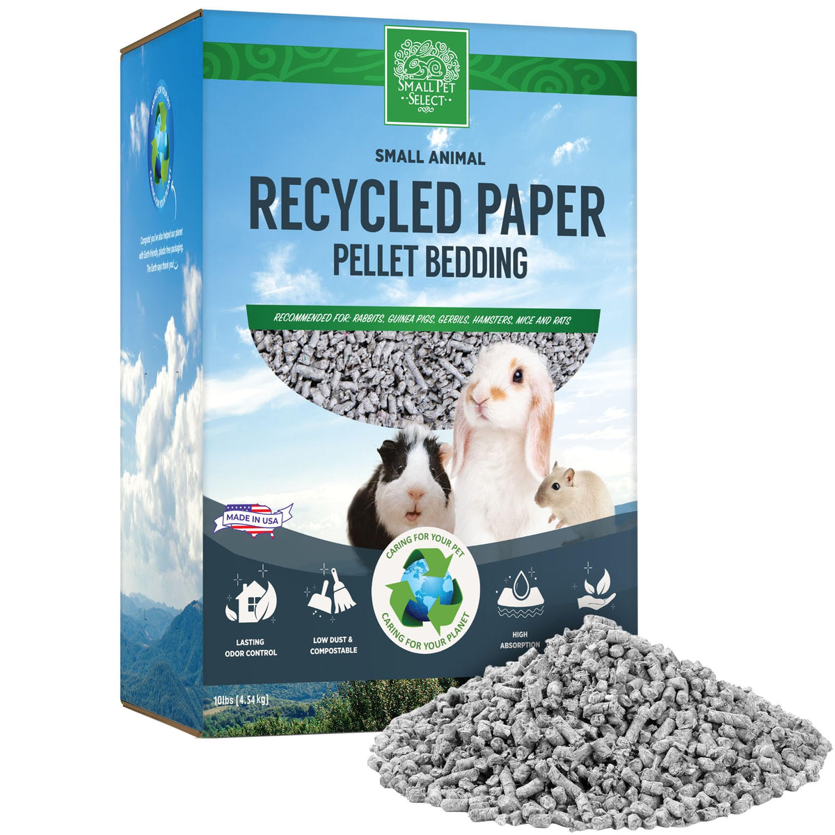 Small Pet Select pellets de papel reciclado con absorbencia alta para jaulas limpias.