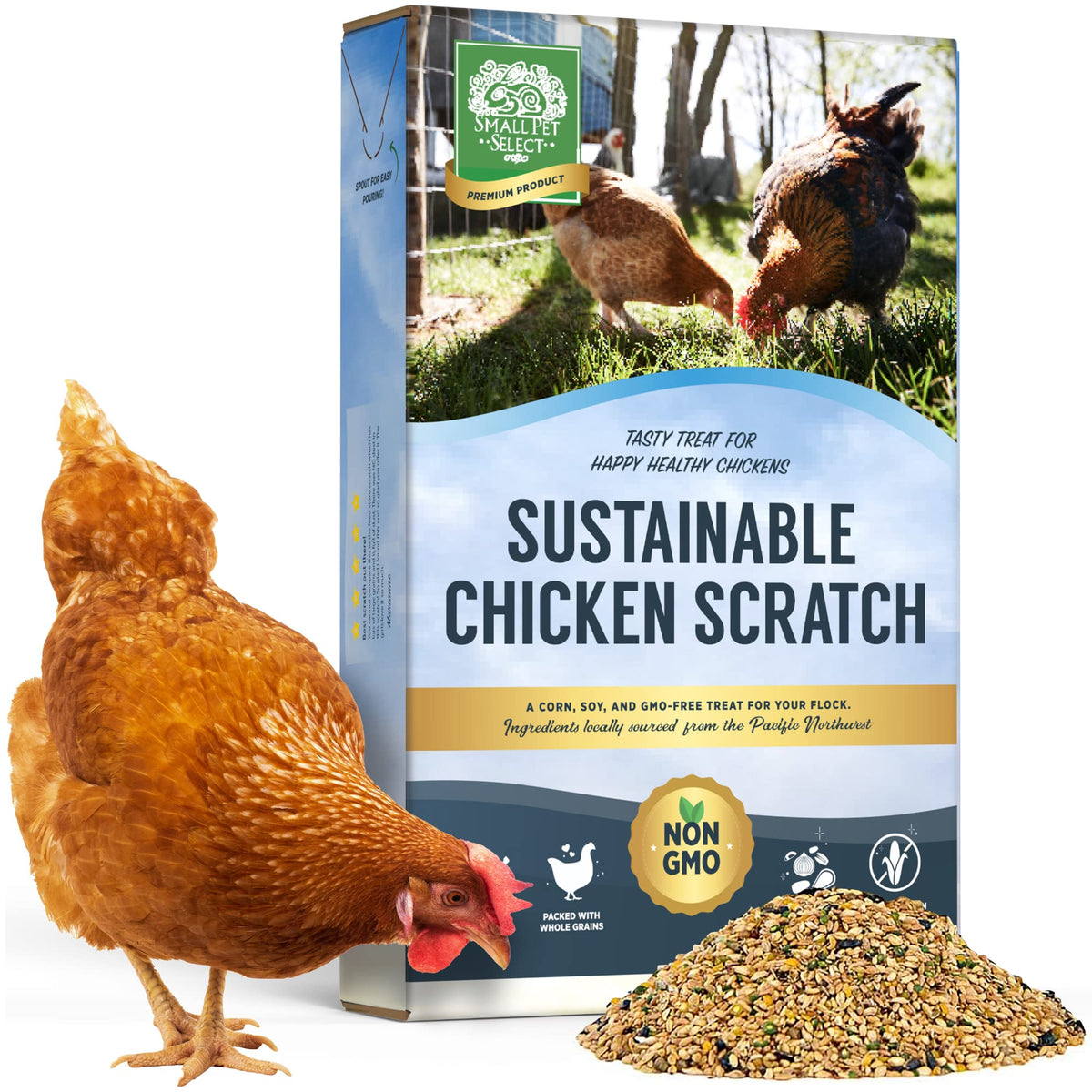 Small Pet Select scratch sostenible en bolsa de 20 lb para gallinas sanas.