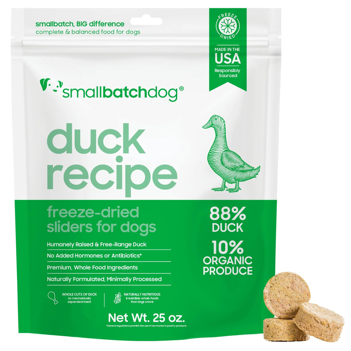 smallbatch pato liofilizado en empaque de 25oz para perros, fácil almacenamiento